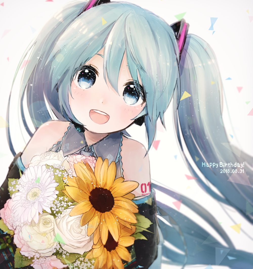 1girl 2018 :d bangs black_sleeves blue_eyes blue_hair bouquet collared_shirt dated detached_sleeves ebi_(yzpiyo039) floating_hair flower grey_shirt hair_between_eyes happy_birthday hatsune_miku headphones headset holding holding_bouquet long_hair looking_at_viewer microphone open_mouth shiny shiny_hair shirt sleeveless sleeveless_shirt smile solo sunflower upper_body very_long_hair vocaloid white_background white_flower wing_collar yellow_flower