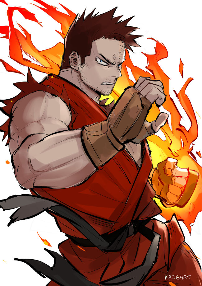 1boy artist_name belt black_belt blue_eyes boku_no_hero_academia brown_gloves clenched_hand clenched_teeth commentary cosplay dougi facial_hair fingerless_gloves fire flaming_hand furrowed_eyebrows gloves hand_up kadeart ken_masters ken_masters_(cosplay) looking_at_viewer male_focus muscular muscular_male no_pupils redhead reward_available sanpaku short_hair simple_background sleeveless solo spiky_hair street_fighter stubble symbol_commentary teeth todoroki_enji torn_clothes torn_sleeves upper_body white_background