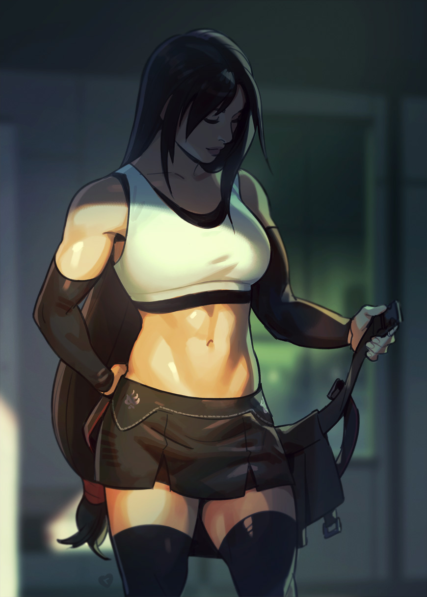 1girl abs black_skirt crop_top elbow_gloves final_fantasy final_fantasy_vii final_fantasy_vii_remake gloves highres long_hair looking_down low-tied_long_hair maren_marmulla muscular muscular_female navel pleated_skirt skirt solo stomach tank_top thigh-highs tifa_lockhart toned undressing white_tank_top