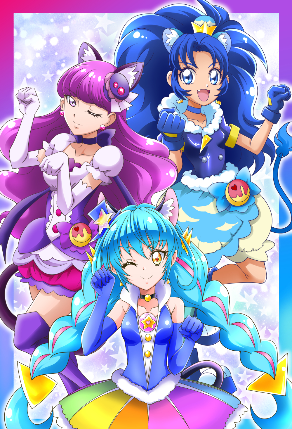 :d ;) animal_ear_fluff animal_ears bangs black_choker blue_eyes blue_gloves blue_hair blue_jacket cat_ears cat_tail choker closed_eyes collarbone crown cure_cosmo cure_gelato cure_macaron earrings elbow_gloves eyebrows_visible_through_hair fang floating_hair food_themed_hair_ornament gloves hair_between_eyes hair_intakes hair_ornament hanzou highres jacket jewelry kirakira_precure_a_la_mode layered_skirt lion_ears lion_tail long_hair looking_at_viewer macaron_hair_ornament mini_crown miniskirt multicolored multicolored_clothes multicolored_skirt one_eye_closed open_mouth paw_pose precure purple_choker purple_hair red_skirt shiny shiny_hair short_sleeves skirt smile star_twinkle_precure tail very_long_hair violet_eyes white_gloves
