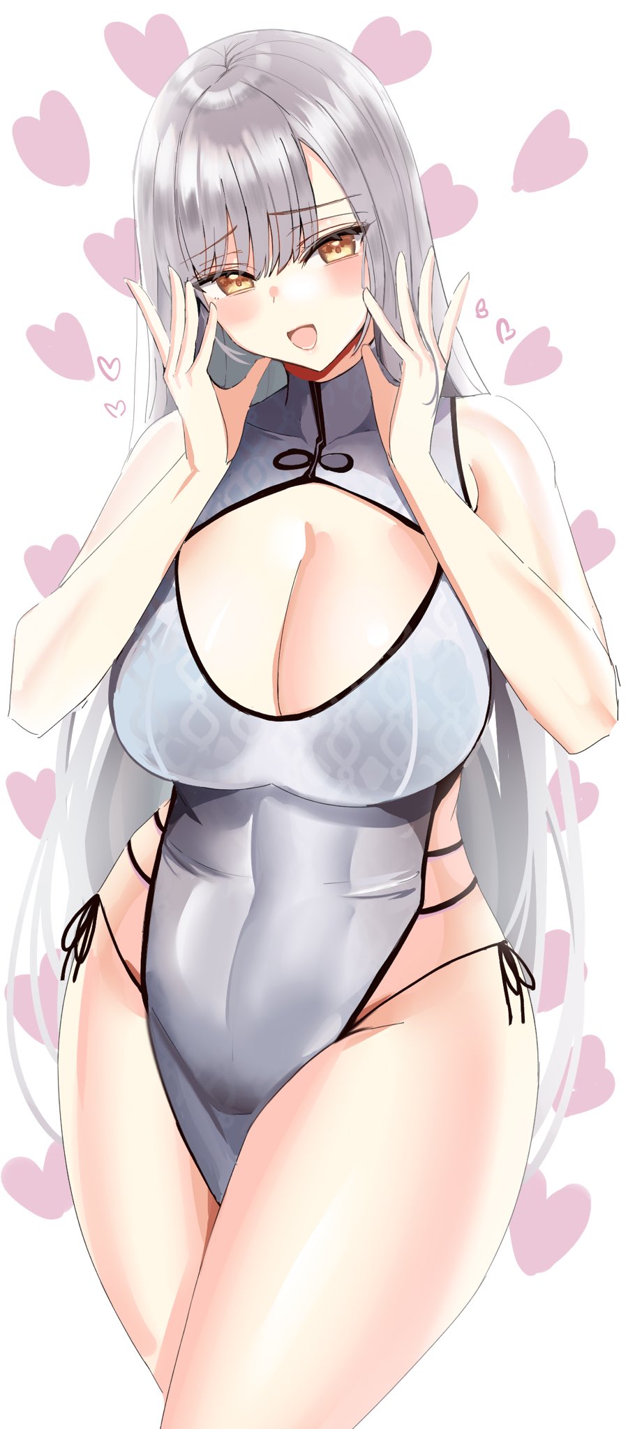1girl bangs bare_arms bare_shoulders blush breasts china_dress chinese_clothes covered_navel cowboy_shot dress eyebrows_visible_through_hair hanasaka_houcha hands_up heart highres large_breasts long_hair looking_at_viewer open_mouth original shiny shiny_hair silver_dress silver_hair sleeveless sleeveless_dress smile solo thighs white_background yellow_eyes
