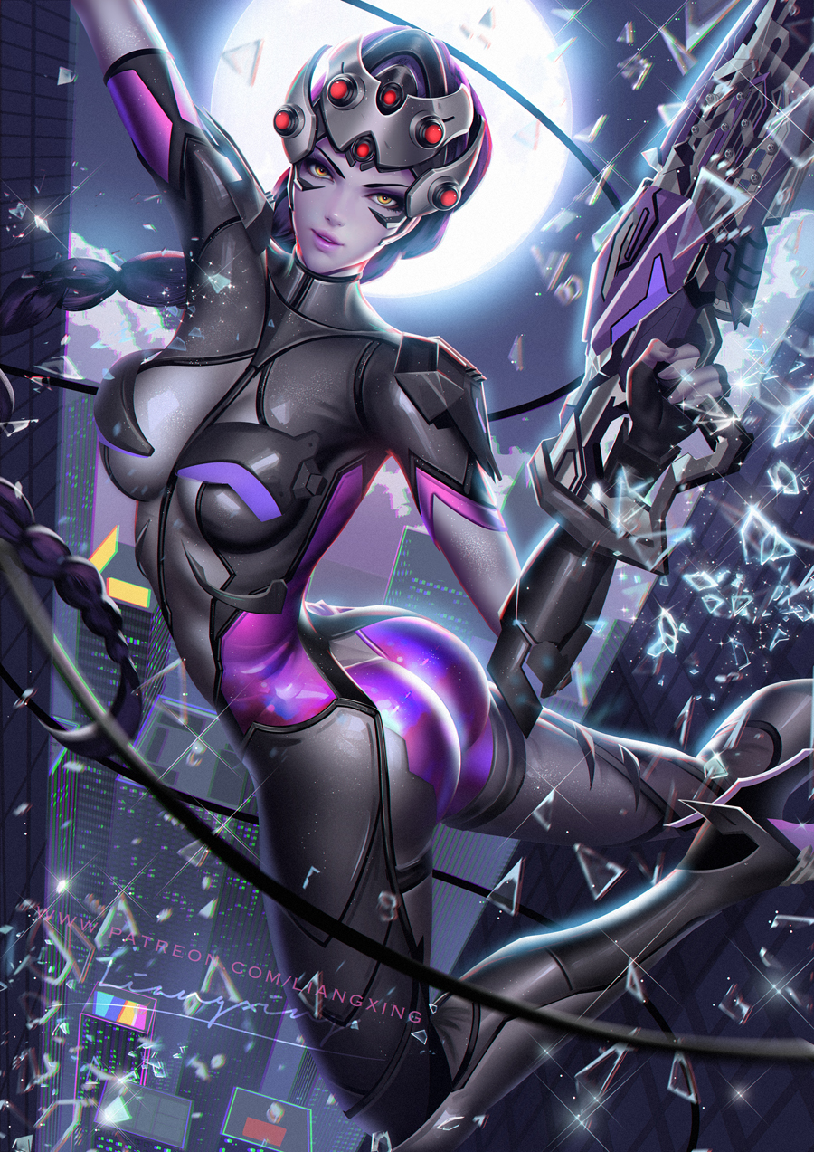 1girl ass black_hair bodysuit boots braid braided_ponytail breasts broken_glass building colored_skin full_moon glass gun headgear high_heel_boots high_heels highres impossible_bodysuit impossible_clothes large_breasts liang_xing long_hair looking_at_viewer moon overwatch overwatch_2 photoshop_(medium) purple_skin rifle signature skyscraper sniper_rifle twisted_torso very_long_hair weapon widowmaker_(overwatch) yellow_eyes