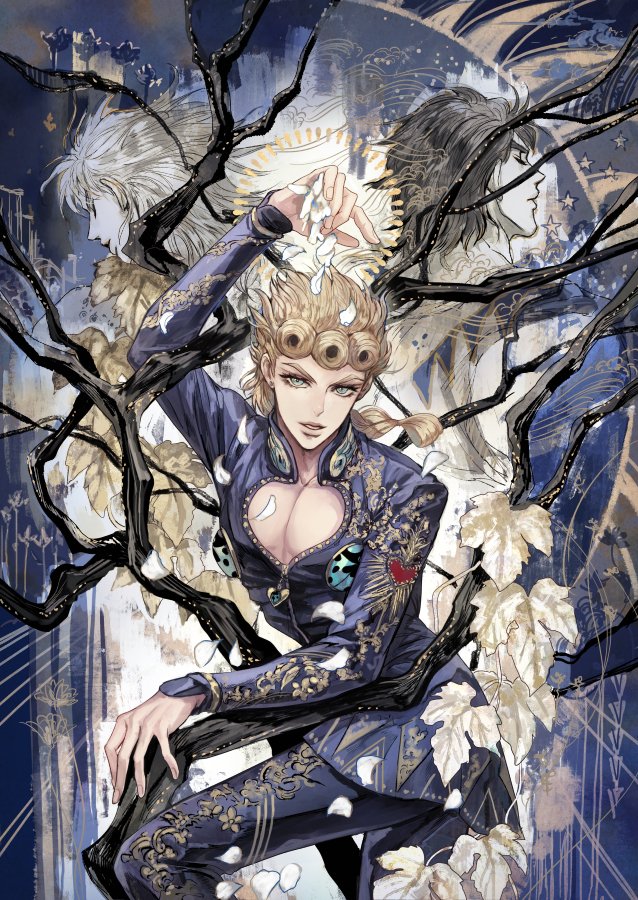 3boys adapted_costume arm_up bare_tree black_hair blonde_hair blue_jacket blue_pants braid braided_ponytail closed_eyes commentary_request dio_brando earrings facing_away father_and_son floating_hair flower giorno_giovanna green_eyes high_collar in_tree jacket jewelry jojo_no_kimyou_na_bouken jonathan_joestar leaf long_sleeves looking_at_viewer male_focus multiple_boys pants pectorals petals plant shinomaru short_hair single_braid star_(symbol) stud_earrings tree vines white_flower