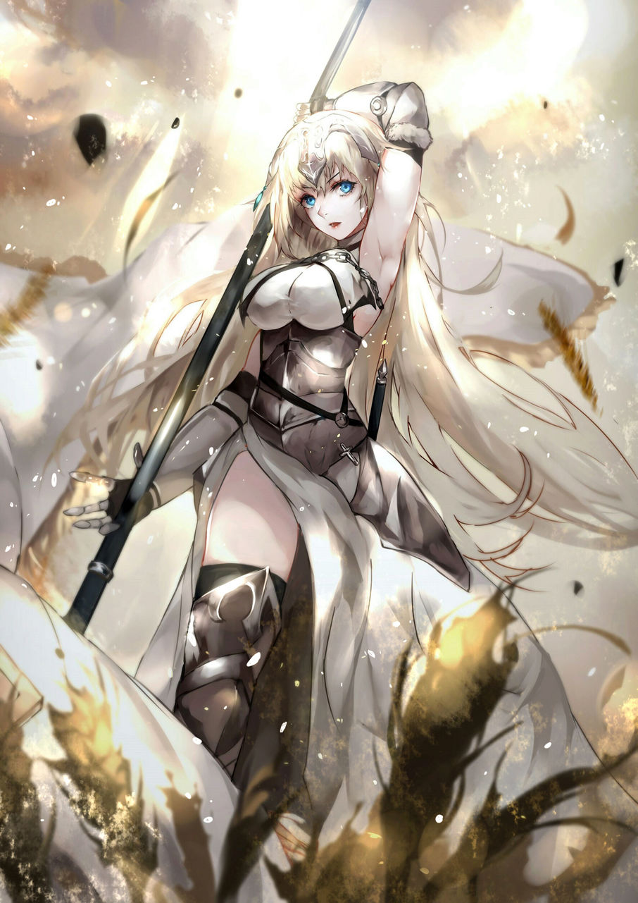 1girl armor armored_dress bangs blonde_hair blue_eyes boots breasts cross fate/grand_order fate_(series) faulds gauntlets headgear highres holding jeanne_d'arc_(fate) jeanne_d'arc_(fate)_(all) knee_boots large_breasts long_hair looking_at_viewer parted_lips solo sword thigh-highs vardan veil very_long_hair weapon