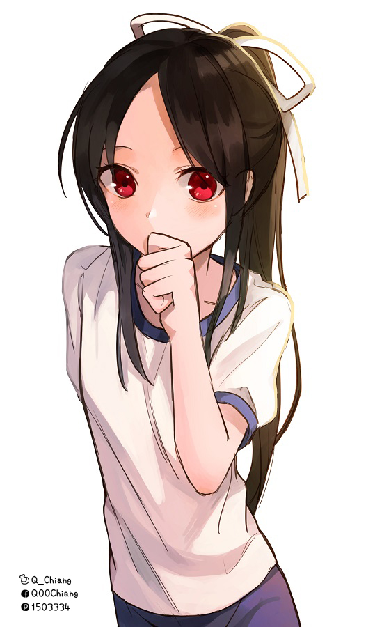 1girl artist_name black_hair blue_shorts commentary covering_mouth facebook_username gym_uniform hair_ribbon hand_to_own_mouth kaguya-sama_wa_kokurasetai_~tensai-tachi_no_renai_zunousen~ light_blush long_hair looking_at_viewer parted_hair pixiv_id q-chiang red_eyes ribbon shinomiya_kaguya shirt shorts simple_background solo t-shirt upper_body very_long_hair white_background white_ribbon white_shirt