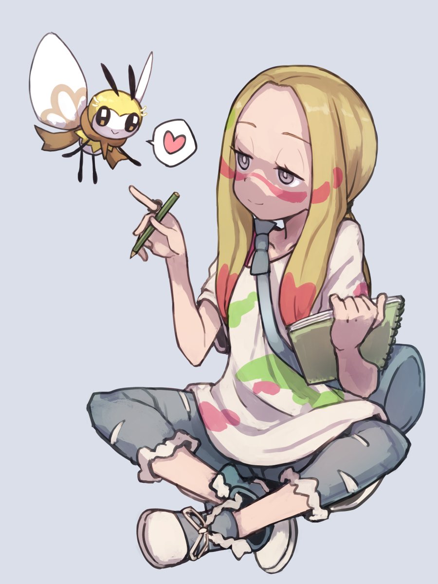 1girl blonde_hair bright_pupils commentary_request eyelashes facepaint gazacy_(dai) gen_7_pokemon grey_eyes grey_pants half-closed_eyes heart highres holding holding_pencil long_hair mina_(pokemon) oversized_clothes oversized_shirt paint pants pencil pokemon pokemon_(creature) pokemon_(game) pokemon_sm ribombee shirt shoes short_sleeves sitting sketchpad sneakers spoken_heart torn_clothes torn_pants trial_captain white_shirt