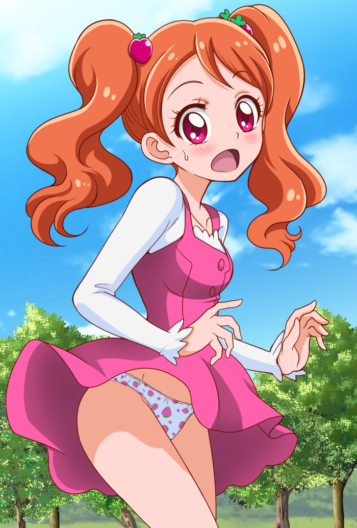 1girl bangs blue_sky blush brown_hair collarbone cowboy_shot day dress dress_lift eyebrows_visible_through_hair food_print from_side groin hanzou kirakira_precure_a_la_mode long_hair open_mouth outdoors panties pinafore_dress pink_dress precure print_panties red_eyes shiny shiny_hair shirt short_dress sky sleeveless sleeveless_dress solo standing strawberry_panties strawberry_print sweatdrop swept_bangs tree underwear usami_ichika white_panties white_shirt