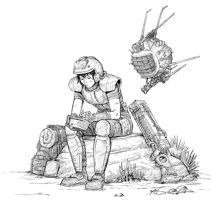 1girl armor backpack bag bangs black_hair boots bowl closed_mouth commentary ed-e energy_gun english_commentary fallout_(series) fallout_new_vegas fingerless_gloves flask floating gloves grass greyscale ground gun helmet holding holding_bowl knee_pads laser_rifle levitation lineart looking_down mcnostril monochrome pants robot shirt short_hair short_sleeves shoulder_armor simple_background sitting_on_rock solo weapon white_background