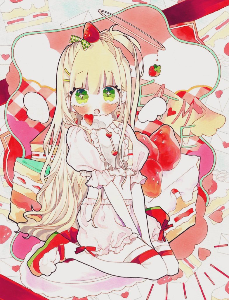 1girl blonde_hair blush crop_top food food_on_head frilled_shirt frilled_shorts frilled_sleeves frills fruit fruit_on_head green_eyes marker_(medium) mimu_togari object_on_head open_mouth original puffy_sleeves shirt shorts solo strawberry symbol_commentary traditional_media white_shirt white_shorts