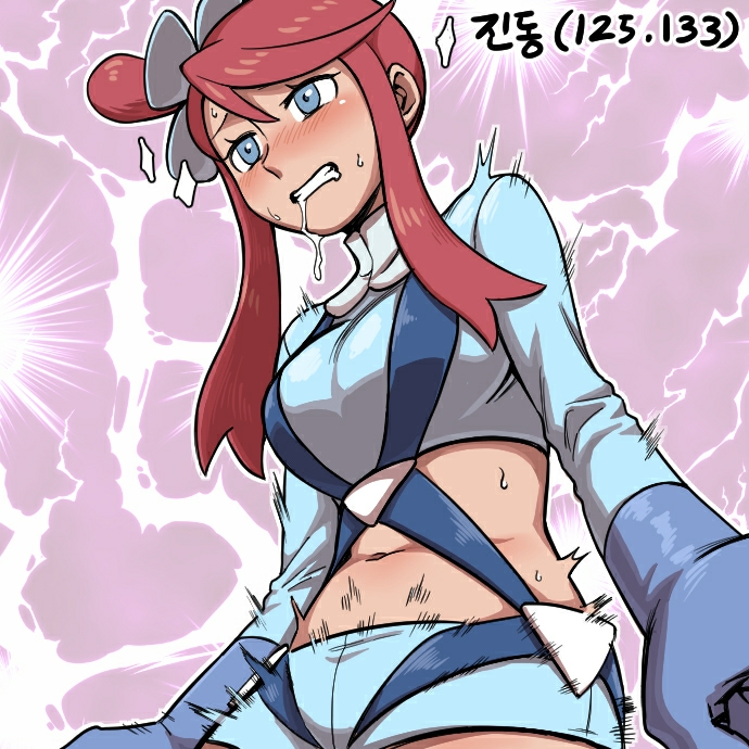 1girl bangs blue_shorts breasts clenched_teeth commentary_request crop_top drooling electricity eyelashes gloves grey_eyes grey_gloves gym_leader hair_ornament navel number nutkingcall pokemon pokemon_(game) pokemon_bw redhead short_hair_with_long_locks short_shorts shorts sidelocks skyla_(pokemon) solo sweat swept_bangs teeth