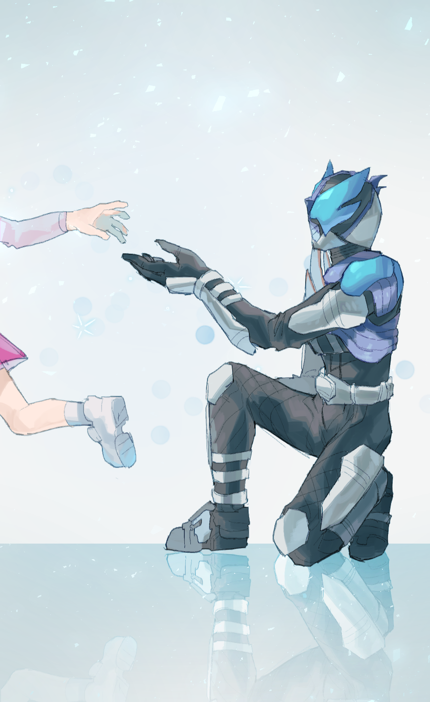 1boy 1girl armor belt black_bodysuit black_gloves blue_background blue_eyes blue_theme bodysuit breastplate chikichi commentary_request from_side full_body gloves gon_(kamen_rider_kabuto) gradient gradient_background grey_shirt hand_up helmet highres ice kamen_rider kamen_rider_drake kamen_rider_kabuto_(series) knee_pads leg_up light_particles long_sleeves looking_at_another miniskirt one_knee pink_skirt profile reaching reflection running shirt shoes shoulder_armor simple_background skirt socks solo_focus vambraces white_footwear white_legwear