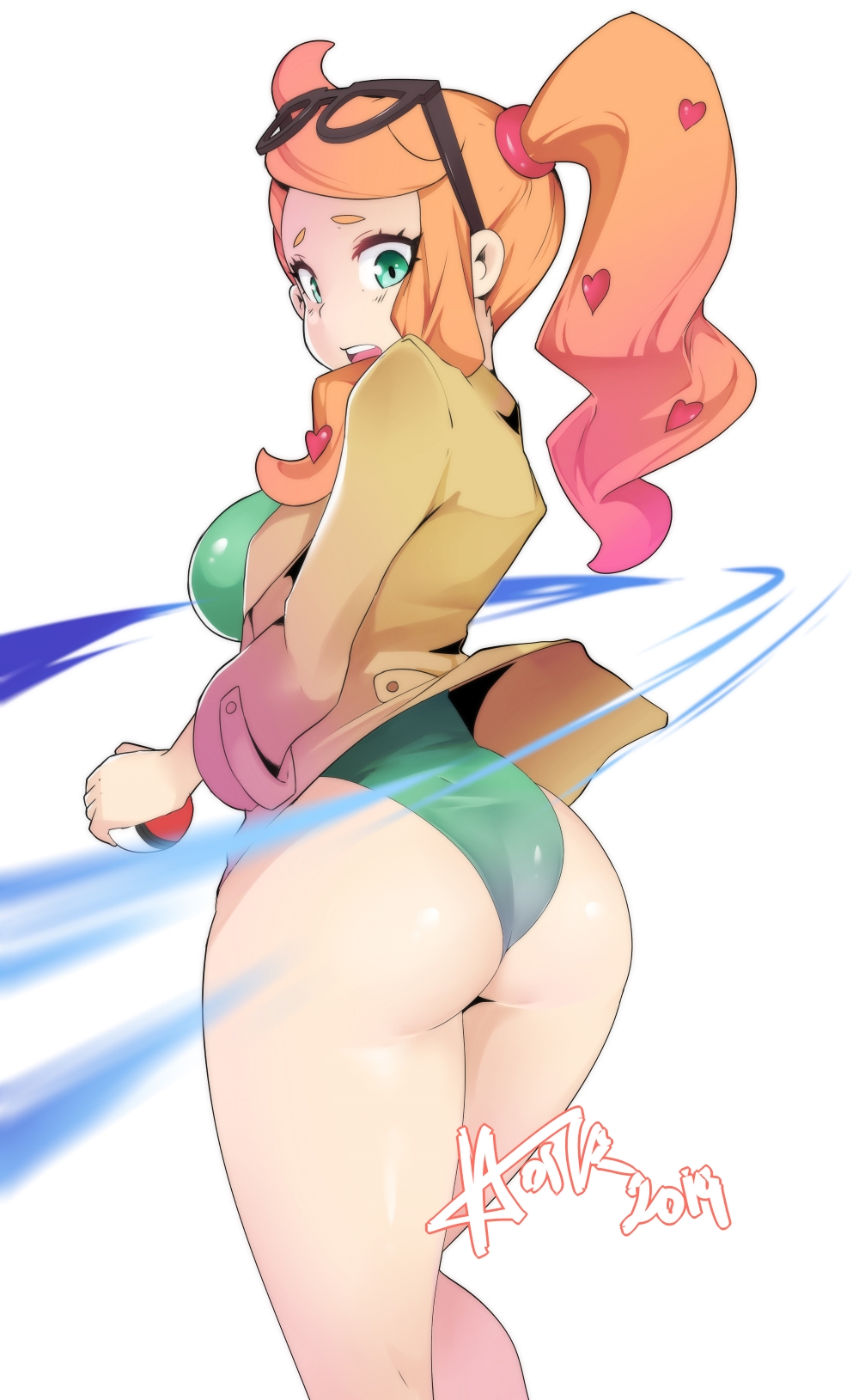1girl ass breasts commentary english_commentary eyelashes eyewear_on_head green_eyes green_swimsuit hair_ornament hair_tie heart heart_hair_ornament highres holding holding_poke_ball hot_vr long_hair looking_back one-piece_swimsuit open_mouth orange_hair poke_ball pokemon pokemon_(game) pokemon_swsh raised_eyebrows side_ponytail solo sonia_(pokemon) sunglasses swimsuit teeth tied_hair tongue