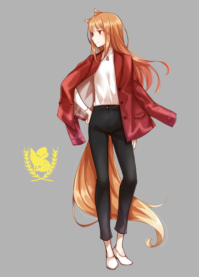 1girl alternate_costume animal_ears ayakura_juu black_pants brown_hair grey_background hand_on_hip holo jacket jacket_on_shoulders logo long_hair looking_to_the_side pants pouch red_eyes red_jacket shirt smile solo spice_and_wolf tail white_shirt wolf_ears wolf_tail