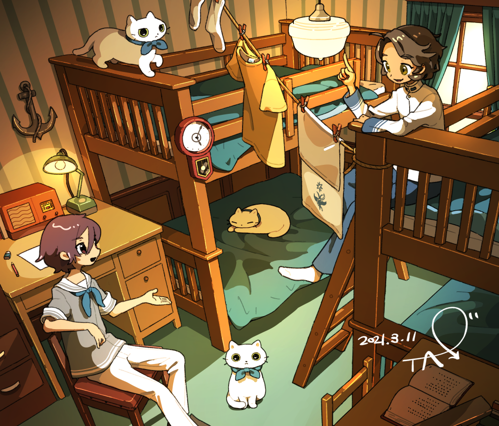 2girls anchor bed brown_hair bunk_bed cat chair curtains dated desk desk_lamp grey_shirt index_finger_raised lamp long_sleeves multiple_girls open_mouth original pants paper pencil profile shadow shirt short_hair short_sleeves signature sitting smile socks tao_(tao15102) white_cat white_pants white_shirt window