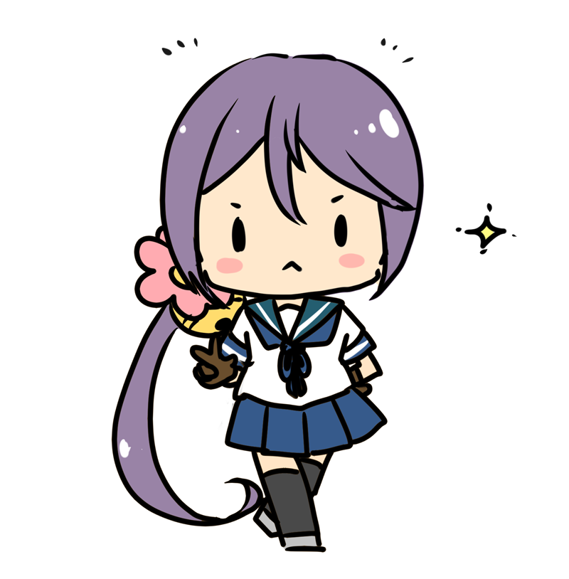 1girl akebono_(kancolle) bell black_legwear blue_sailor_collar blue_skirt brown_gloves chibi commentary_request crossed_legs flower full_body gloves hair_bell hair_flower hair_ornament jingle_bell kantai_collection long_hair looking_at_viewer pleated_skirt purple_hair romaji_commentary sailor_collar school_uniform serafuku short_sleeves side_ponytail simple_background skirt solid_oval_eyes solo sparkle thigh-highs tsumorin_(tumori) v very_long_hair white_background