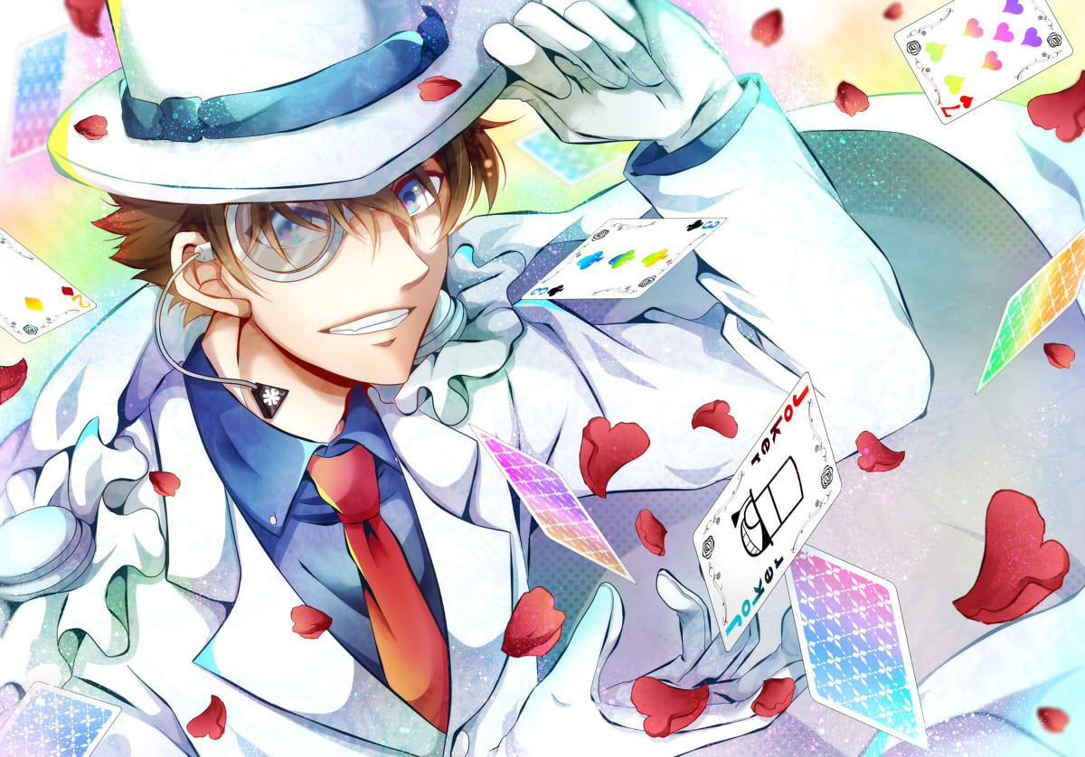 1boy adjusting_clothes adjusting_headwear arm_up bangs blue_eyes blue_shirt brown_hair cape card club_(shape) collared_shirt commentary_request dress_shirt english_text falling_card falling_petals formal gloves grin hair_between_eyes hat heart jacket joker_(card) kaitou_kid kaya_(hydego) long_sleeves looking_at_viewer magic_kaito male_focus meitantei_conan monocle monocle_chain multicolored multicolored_background necktie number petals playing_card red_neckwear seven_of_hearts shirt short_hair smile solo suit teeth three_of_clubs top_hat upper_body white_cape white_gloves white_headwear white_jacket white_suit