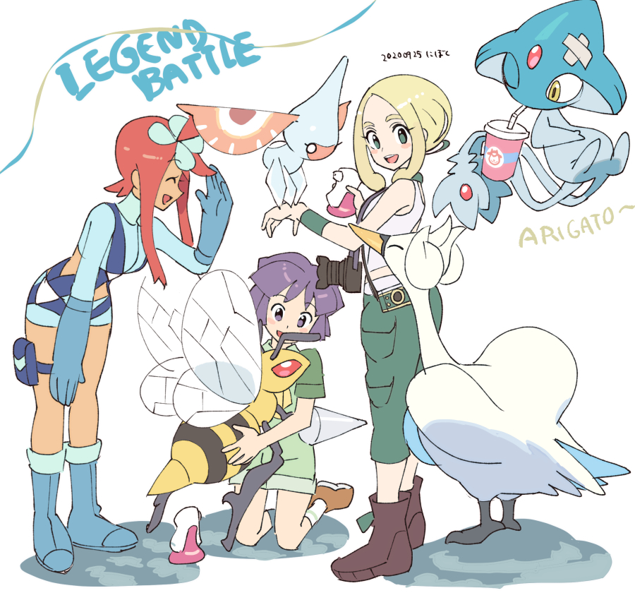 1boy 2girls azelf bandaid beedrill blonde_hair blue_footwear blue_gloves blue_shorts blush boots brown_footwear bugsy_(pokemon) closed_eyes commentary_request crop_top dated drinking drinking_straw gen_1_pokemon gen_3_pokemon gen_4_pokemon gen_5_pokemon gloves green_eyes green_pants green_shirt green_shorts green_wristband gym_leader hair_ornament holding holding_pokemon holster leaning_forward legendary_pokemon masquerain multiple_girls nibo_(att_130) open_mouth pants pokemon pokemon_(creature) pokemon_(game) pokemon_bw pokemon_xy purple_hair redhead shiny shiny_hair shirt shoes short_hair short_hair_with_long_locks short_shorts shorts sidelocks skyla_(pokemon) sleeveless sleeveless_shirt smile standing swanna teeth thigh_holster tongue translation_request viola_(pokemon) violet_eyes white_shirt wristband