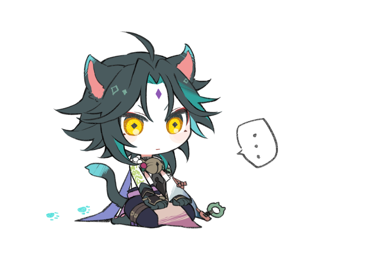 ... 1boy ahoge animal_ears aqua_hair arm_tattoo asymmetrical_clothes bangs bead_necklace beads bell black_hair cat_ears chibi closed_mouth facial_mark forehead_mark genshin_impact gloves jewelry male_focus multicolored_hair necklace pale_skin paw_gloves paw_print paw_shoes paws shoes simple_background sitting skk solo spoken_ellipsis tattoo white_background xiao_(genshin_impact) yellow_eyes