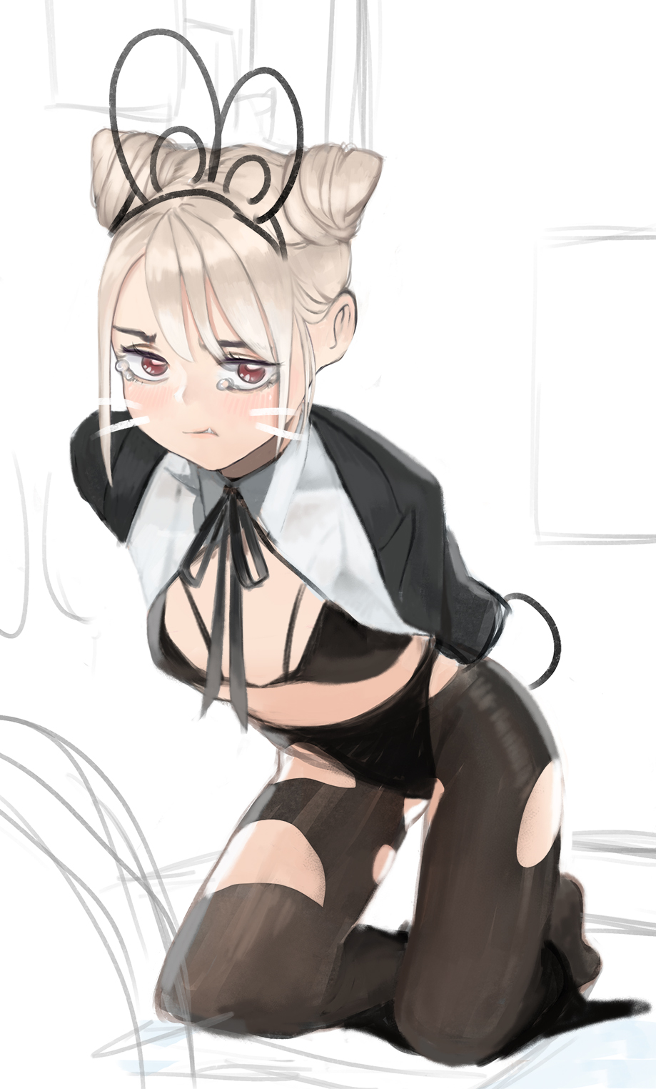 1girl azelweien black_bra black_jacket black_legwear black_panties blonde_hair blush bra breasts double_bun drawing hair_bun highres jacket kneeling looking_at_viewer medium_breasts neck_ribbon original panties pantyhose partially_colored red_eyes ribbon scowl scribble short_hair simple_background sketch solo tears torn_clothes torn_legwear traditional_media underwear