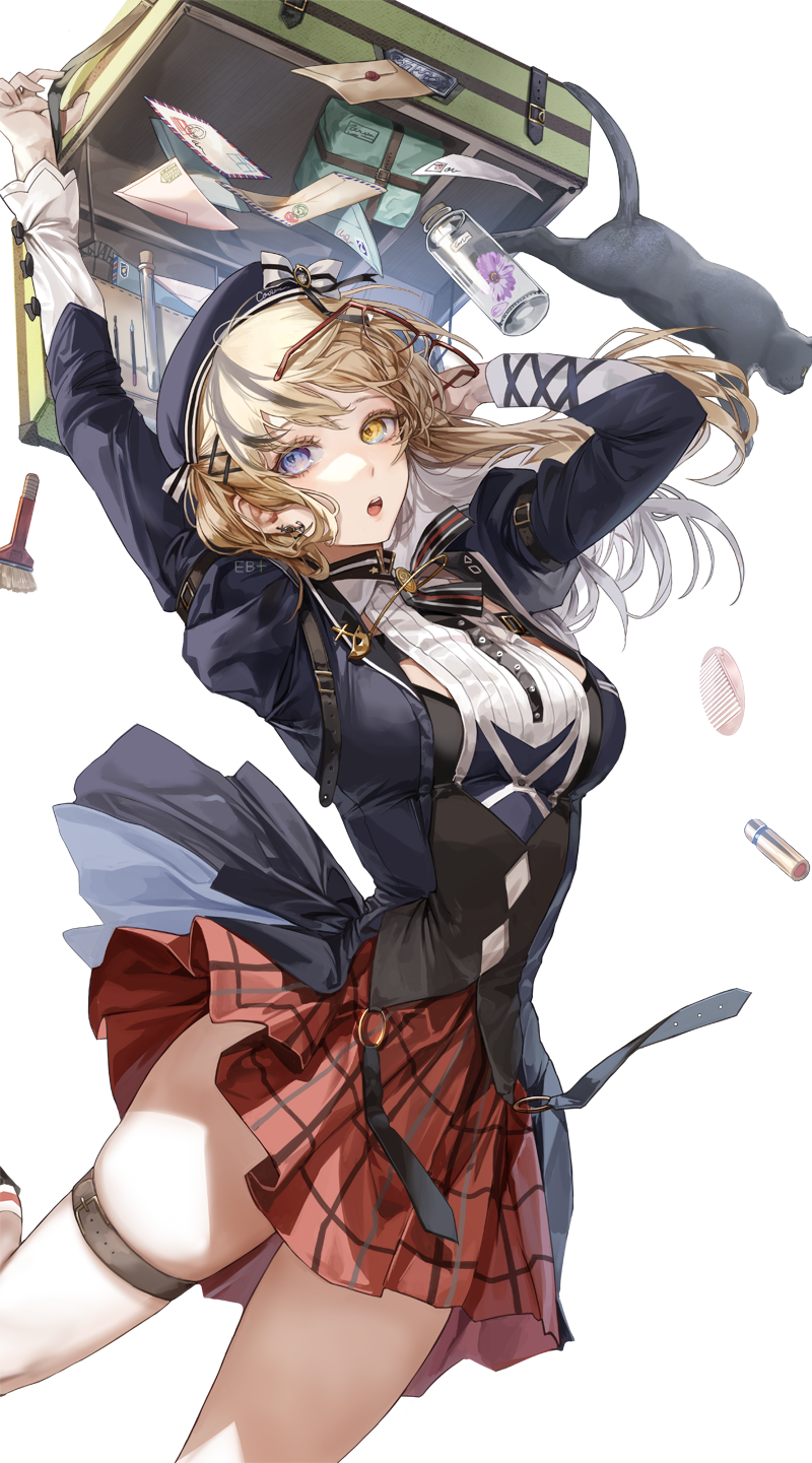 1girl bag bangs beret black_cat blonde_hair blue_eyes breasts cat eye_piercing eyebrows_visible_through_hair feet_out_of_frame hand_in_hair hat heterochromia highres holding holding_bag kim_eb legs long_hair looking_at_viewer open_mouth original red_skirt school_uniform skirt solo standing standing_on_one_leg white_background yellow_eyes