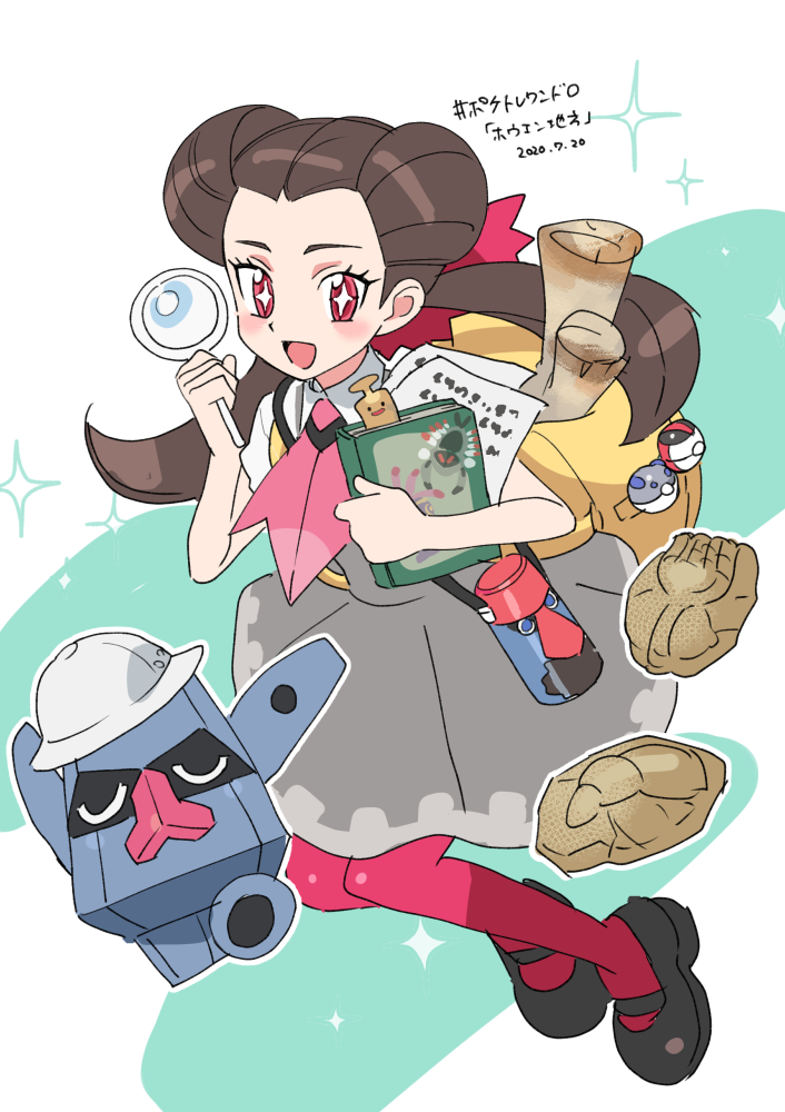 +_+ 1girl :d blush book brown_hair commentary_request dated devanohundosi dress fossil gen_3_pokemon gen_4_pokemon grey_dress gym_leader hatted_pokemon heavy_ball holding holding_book holding_magnifying_glass long_hair nosepass open_mouth outline pantyhose paper parchment poke_ball pokemon pokemon_(creature) pokemon_(game) pokemon_oras probopass roxanne_(pokemon) shoes short_sleeves smile sparkle timer_ball tongue translation_request twintails