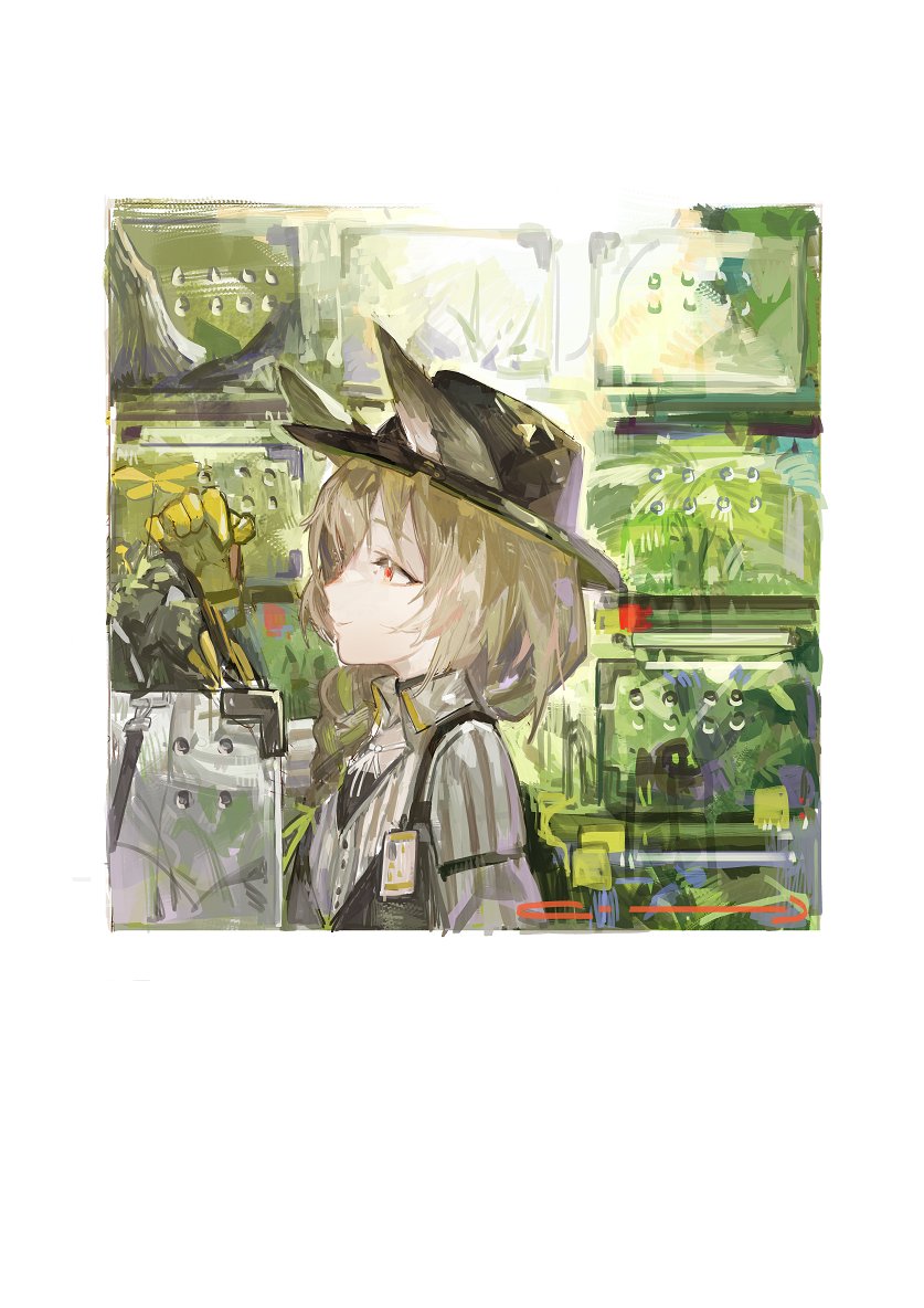 1girl animal_ears arknights beanstalk_(arknights) braid brown_hair collared_blouse ears_through_headwear fedora flower gloves green_background green_gloves hat name_tag open_collar pipidan plant red_eyes single_braid solo