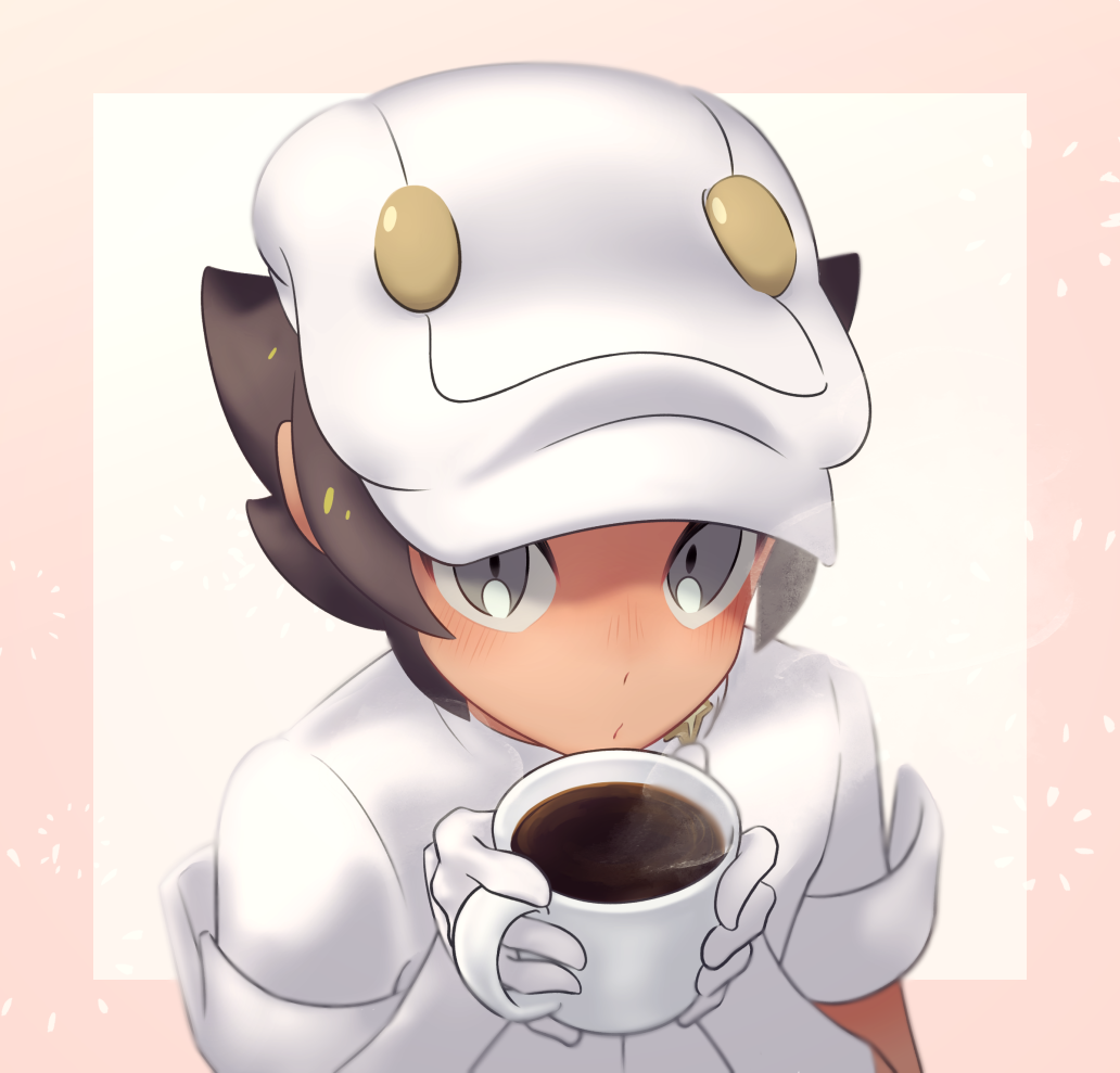 1boy aether_foundation_employee blush brown_hair closed_mouth cup from_above gloves grey_eyes hat holding holding_cup komurapk liquid looking_at_viewer male_focus mug pokemon pokemon_(game) pokemon_sm short_hair short_sleeves solo steam white_gloves white_headwear