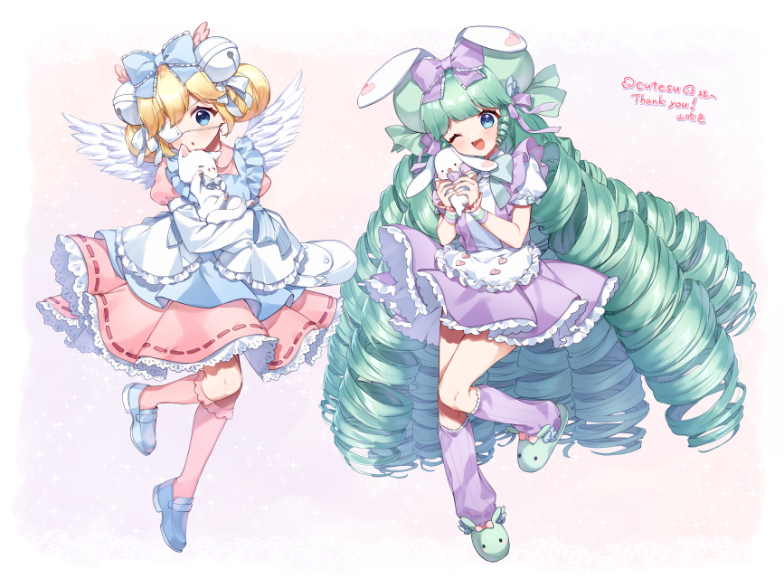 2girls ;d animal animal_ears animal_slippers apron bell blonde_hair blue_apron blue_bow blue_eyes blue_footwear bow cat character_name collared_dress commentary commission cutesu_(cutesuu) double_bun dress drill_hair eyepatch frilled_apron frills green_footwear green_hair hair_bell hair_bow hair_ornament holding holding_stuffed_toy jingle_bell kneehighs loafers long_hair medical_eyepatch multiple_girls one_eye_closed open_mouth original parted_lips pink_dress pink_legwear pleated_dress pleated_skirt puffy_short_sleeves puffy_sleeves purple_bow purple_legwear purple_skirt rabbit_ears ribbon-trimmed_dress shirt shoes short_sleeves skeb_commission skirt slippers smile standing standing_on_one_leg stuffed_animal stuffed_bunny stuffed_toy suspender_skirt suspenders thank_you very_long_hair waist_apron white_apron white_cat white_shirt yamabukiiro