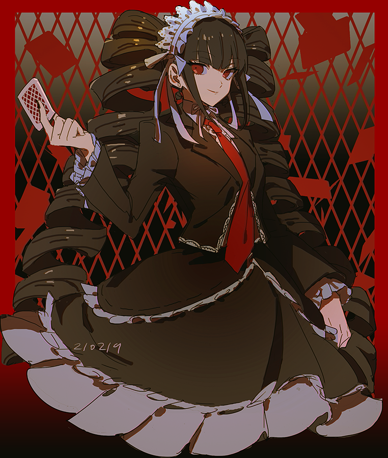 1girl arm_up black_hair black_nails bonnet border breasts card celestia_ludenberg commentary cowboy_shot dangan_ronpa:_trigger_happy_havoc dangan_ronpa_(series) drill_hair frilled_sleeves frills gothic_lolita gradient gradient_background haun holding_playing_card lolita_fashion long_hair looking_at_viewer medium_breasts muted_color nail_polish necktie playing_card red_eyes red_neckwear smile solo twin_drills white_headwear