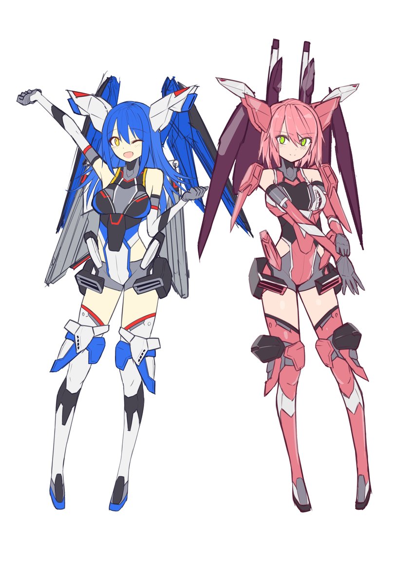 2girls bangs blue_hair blush boots clenched_hand covered_navel elbow_gloves eyebrows_visible_through_hair flat_color glove_pull gloves green_eyes grey_gloves gundam gundam_seed gundam_seed_destiny i.takashi infinite_justice_gundam leotard long_hair mecha_musume multiple_girls one_eye_closed open_hand open_mouth personification pink_hair short_hair shoulders strike_freedom_gundam thigh-highs thigh_boots yellow_eyes