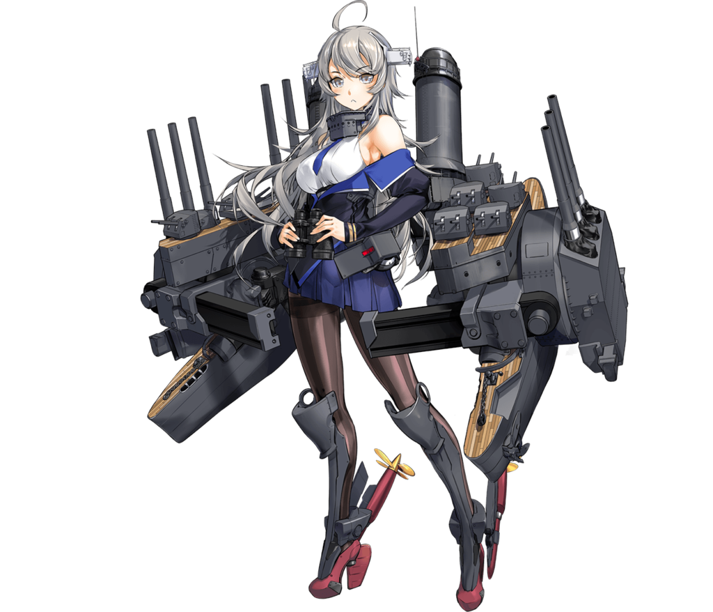 1girl :&lt; ahoge bangs binoculars black_legwear blue_neckwear blue_skirt breasts cannon closed_mouth eyebrows_visible_through_hair full_body grey_eyes grey_hair headgear holding holding_binoculars kantai_collection large_breasts long_hair long_sleeves machinery necktie official_art pantyhose pleated_skirt propeller rigging rudder_footwear silver_hair skirt solo thighband_pantyhose transparent_background turret washington_(kancolle) zeco
