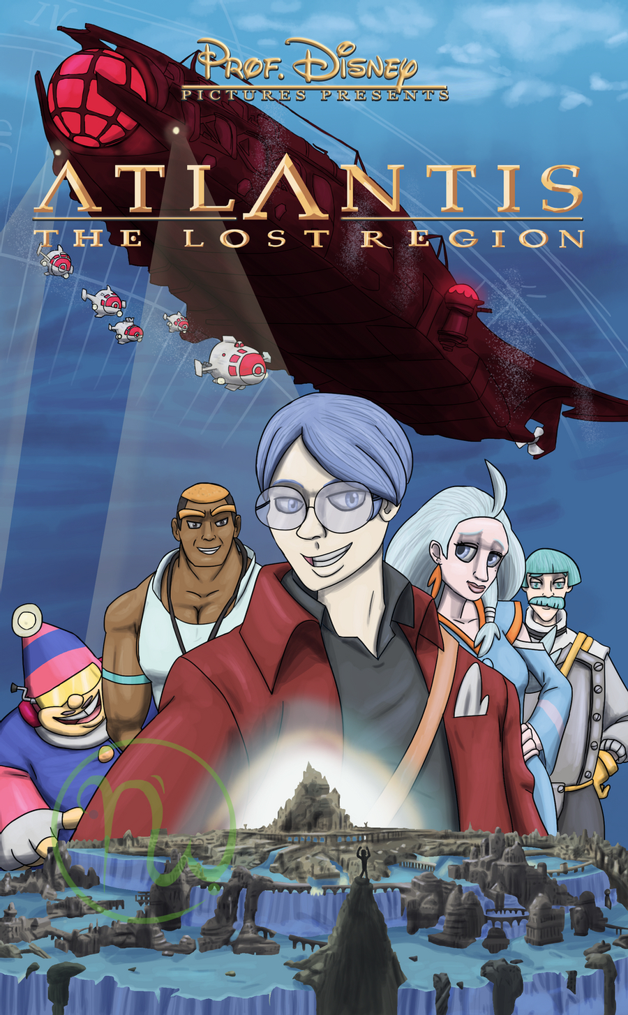 1girl 2001 4boys atlantis atlantis:_the_lost_empire coat crossover disney elite_four facial_hair firebreather_(pokemon) gaetan_moliere glasses highres kahili_(pokemon) kidagakash lucian_(pokemon) marshal_(pokemon) milo_james_psytch movie_poster mrotterson multiple_boys mustache parody poke_ball pokemon submarine tank_top team_galactic_grunt title_parody underwater vincenzo_santorini watercraft