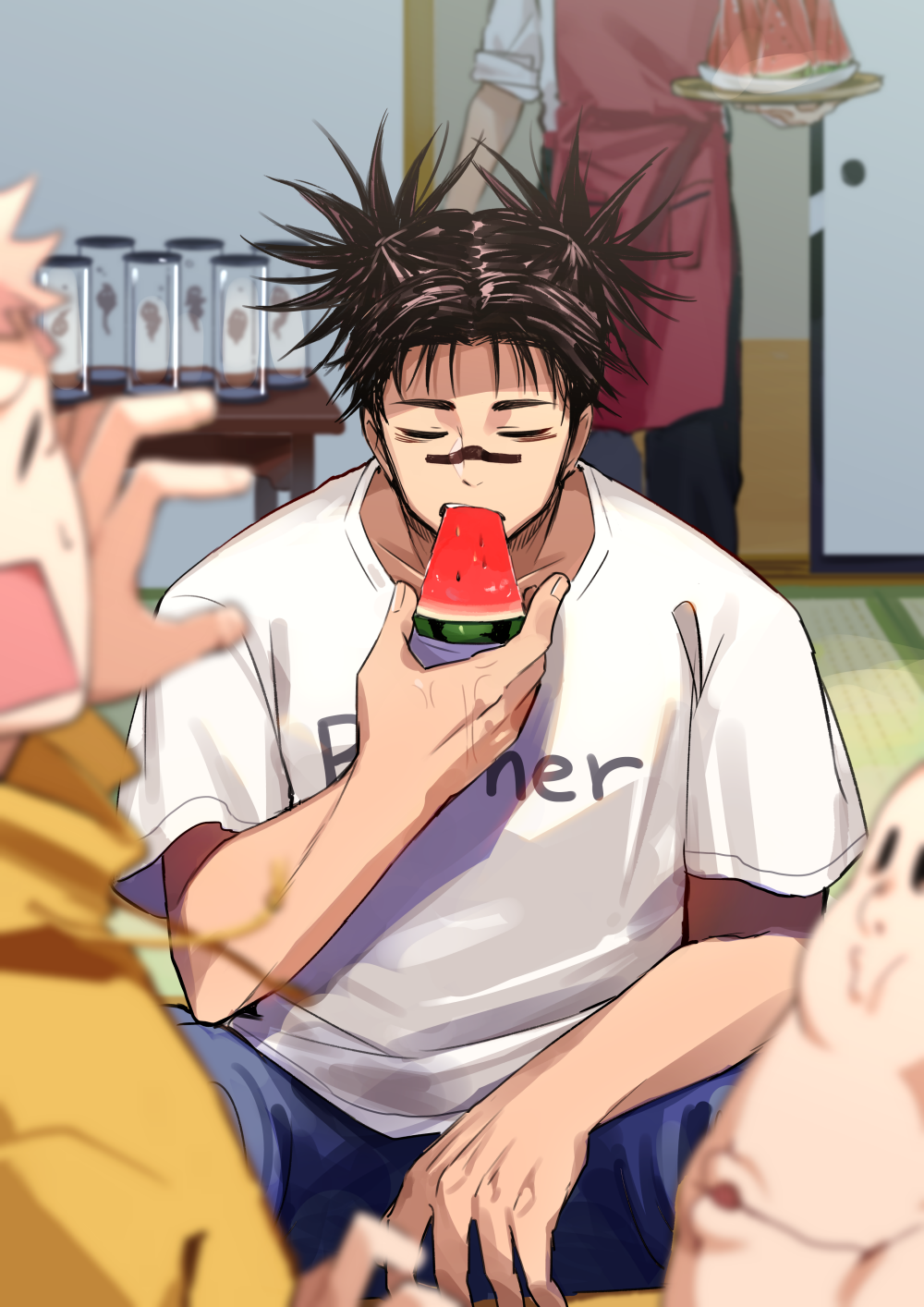 1other 2boys apron bangs black_hair black_pants blue_pants blurry blurry_foreground choso_(jujutsu_kaisen) closed_eyes cowboy_shot eating facial_tattoo food fruit head_out_of_frame highres holding holding_food holding_tray indoors itadori_yuuji jacket jujutsu_kaisen male_focus multiple_boys open_mouth pants red_apron shirt short_sleeves short_twintails sleeves_rolled_up spiky_hair tattoo tere tray twintails watermelon watermelon_slice white_shirt yellow_jacket