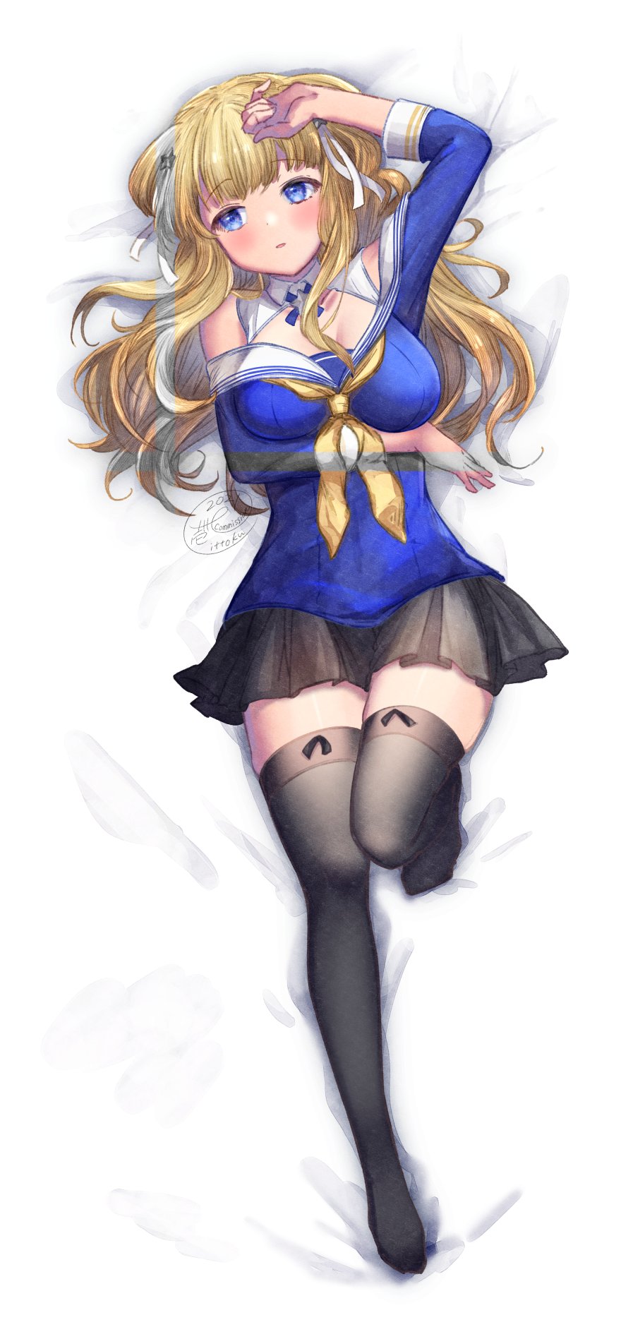 1girl 2021 artist_name black_legwear black_skirt blonde_hair blue_eyes blue_shirt blush breasts commission dakimakura_(medium) dated fletcher_(kancolle) full_body highres ittokyu kantai_collection large_breasts long_hair long_sleeves neckerchief off-shoulder_shirt off_shoulder parted_lips pleated_skirt sailor_collar school_uniform serafuku shirt side_bun signature simple_background skirt solo thigh-highs white_background white_sailor_collar yellow_neckwear