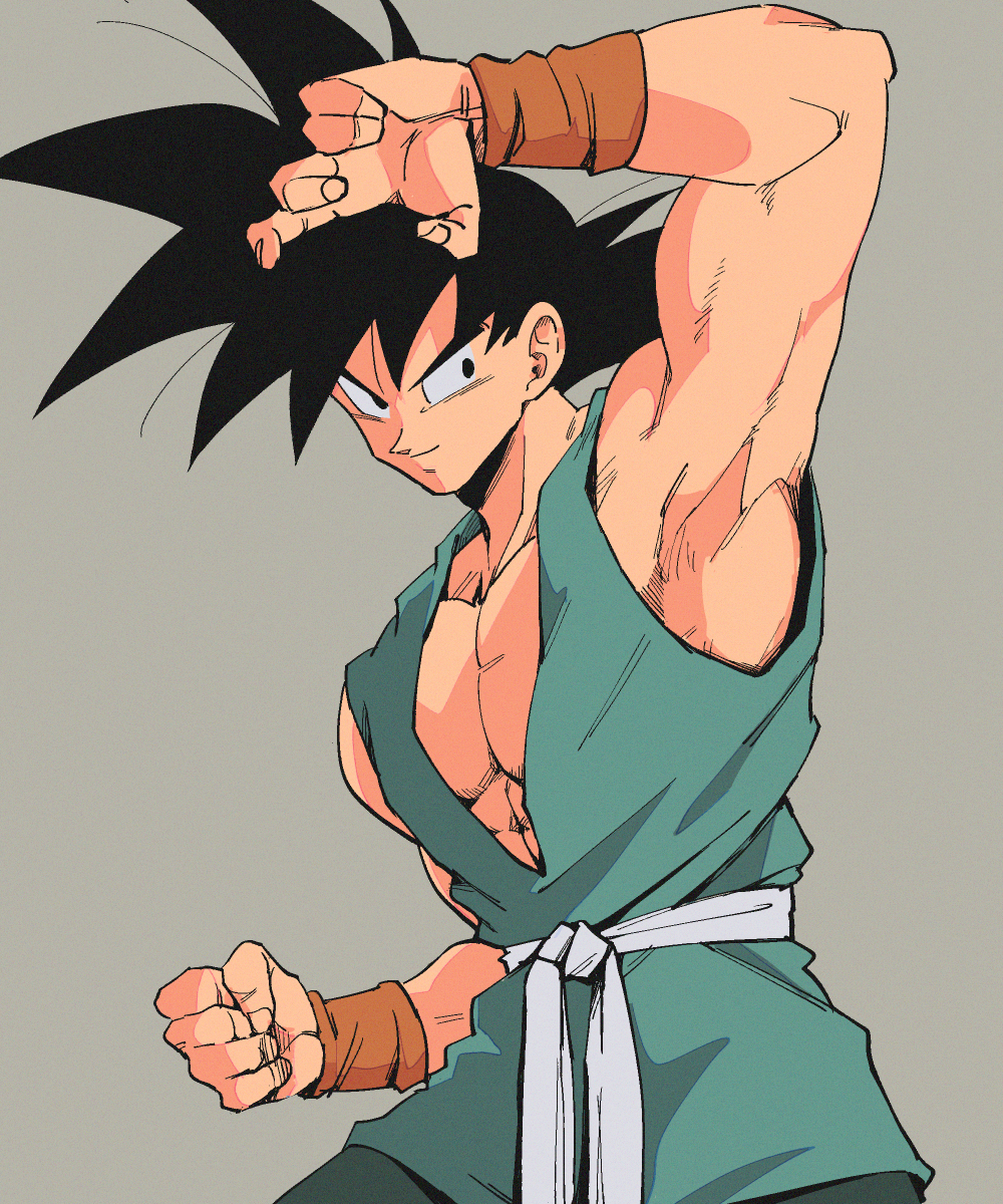 1boy arm_up armpits bare_arms black_eyes black_hair clenched_hand closed_mouth commentary_request copyright_request dougi dragon_ball grey_background highres kz_(dbz_kz) looking_to_the_side male_focus muscular muscular_male pectorals sash sideways_glance simple_background sleeveless smile solo son_goku spiky_hair upper_body wristband