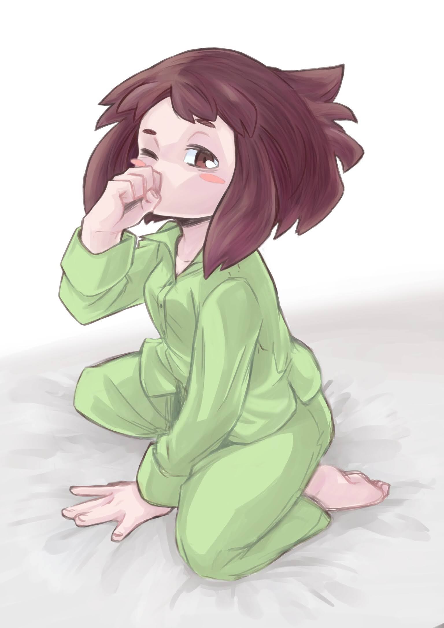 1girl bangs barefoot bed_sheet blush blush_stickers bob_cut boku_no_hero_academia brown_eyes brown_hair clenched_hand covered_mouth green_pants green_shirt highres long_sleeves messy_hair one_eye_closed pajamas pants rubbing_eyes shirt short_hair sidelocks simple_background sitting solo uraraka_ochako white_background