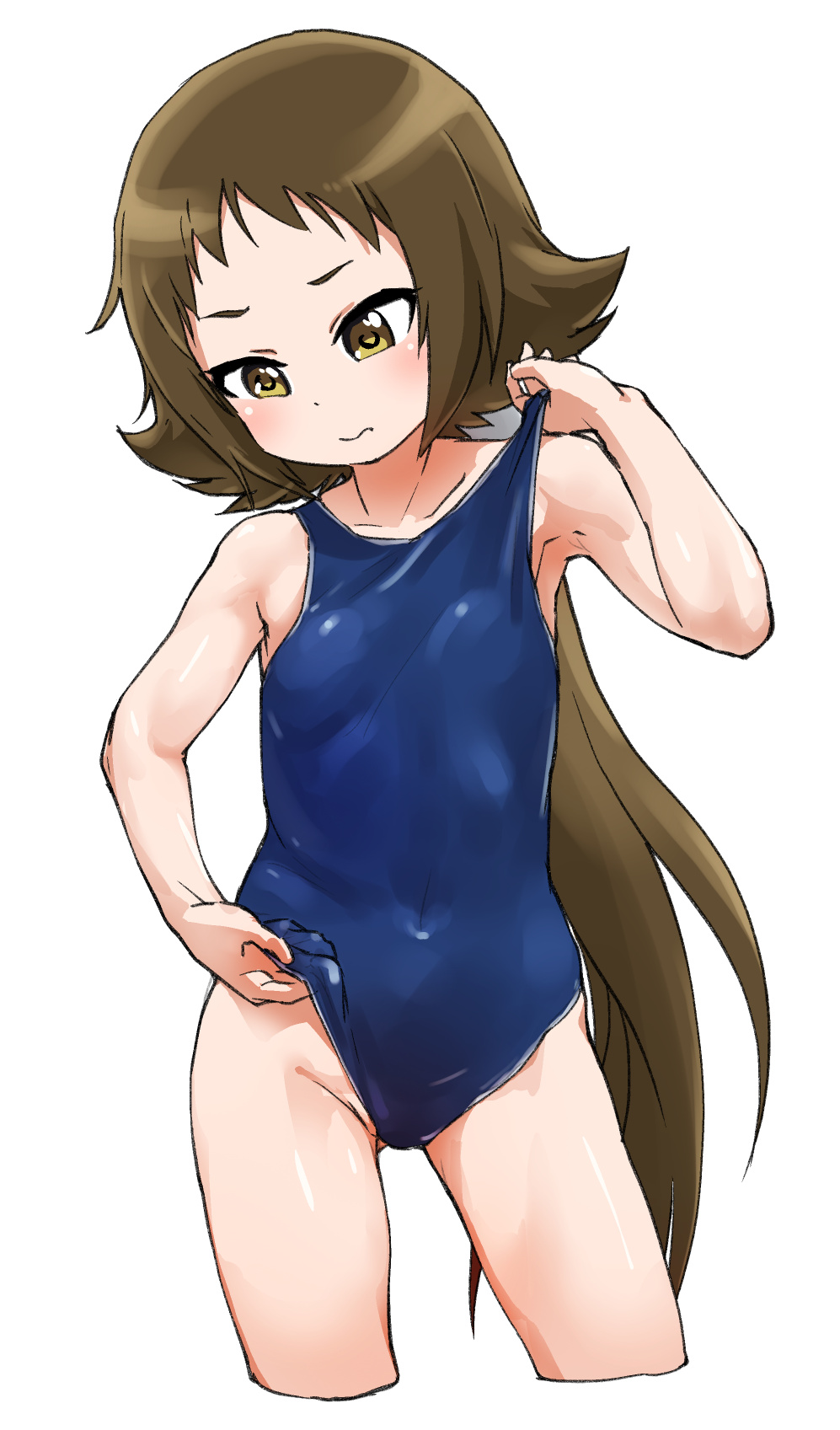 1girl blue_swimsuit brown_eyes brown_hair calpara covered_navel cowboy_shot facing_viewer flat_chest highres loli long_hair looking_down mikakunin_de_shinkoukei mitsumine_mashiro ponytail school_swimsuit simple_background solo swimsuit swimsuit_pull white_background