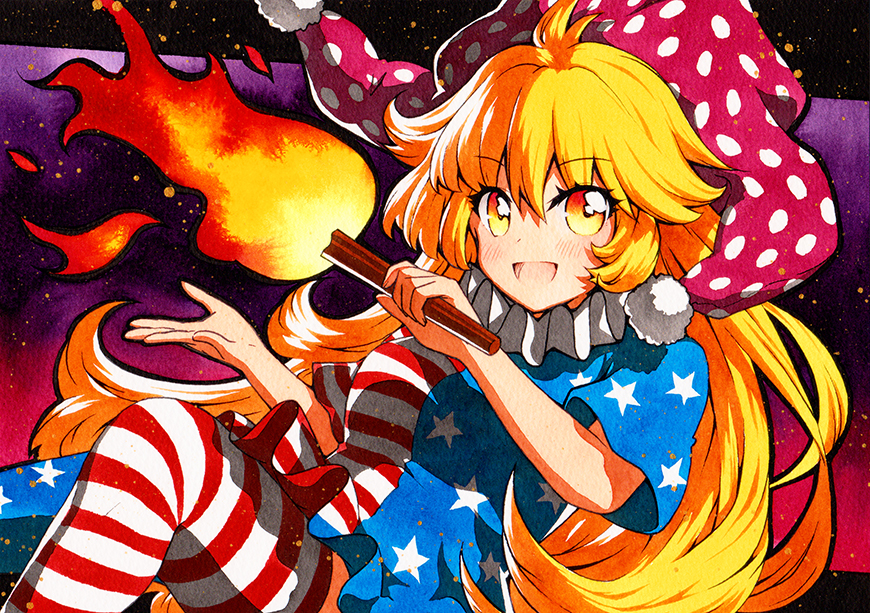 1girl american_flag_dress american_flag_legwear bangs black_border blonde_hair border clownpiece eyebrows_visible_through_hair eyes_visible_through_hair fire gradient gradient_background hair_between_eyes hands_up hat long_hair looking_at_viewer open_mouth pink_headwear purple_background qqqrinkappp red_background short_sleeves smile solo star_(symbol) star_print thigh-highs torch touhou traditional_media