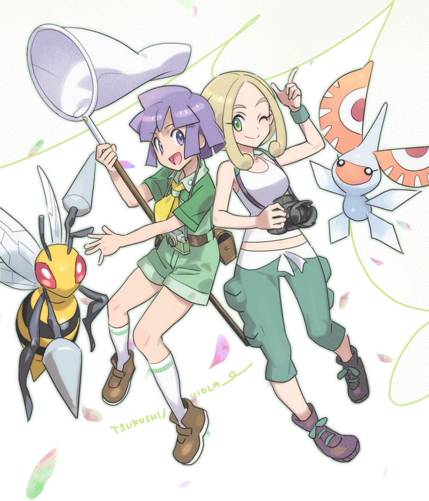 1boy 1girl :d ;) beedrill blonde_hair boots brown_footwear bugsy_(pokemon) camera character_name closed_mouth commentary_request devanohundosi gen_1_pokemon gen_3_pokemon green_eyes green_pants green_shirt green_shorts green_wristband holding holding_butterfly_net holding_camera index_finger_raised masquerain one_eye_closed open_mouth pants pokemon pokemon_(creature) pokemon_(game) pokemon_hgss pokemon_xy purple_hair shirt shoes shorts sleeveless sleeveless_shirt smile socks tongue viola_(pokemon) violet_eyes white_legwear white_shirt