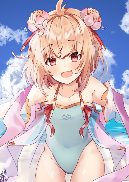 1girl andira_(granblue_fantasy) animal_ears artoria_pendragon_(all) bangs blonde_hair blush casual_one-piece_swimsuit double_bun erune granblue_fantasy hair_bun hair_ornament highleg highleg_swimsuit looking_at_viewer monkey_ears monkey_girl omuretsu one-piece_swimsuit open_mouth sidelocks smile swimsuit