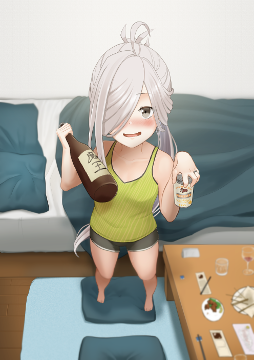 1girl ahoge alternate_costume asashimo_(kancolle) barefoot bed beer_can black_shorts bottle can casual commentary_request cushion dolphin_shorts drunk foreshortening full_body green_tank_top grey_eyes jewelry kantai_collection long_hair looking_at_viewer pillow ring saga_(saga_kancolle) sake_bottle shorts silver_hair solo standing table tank_top wedding_band zabuton