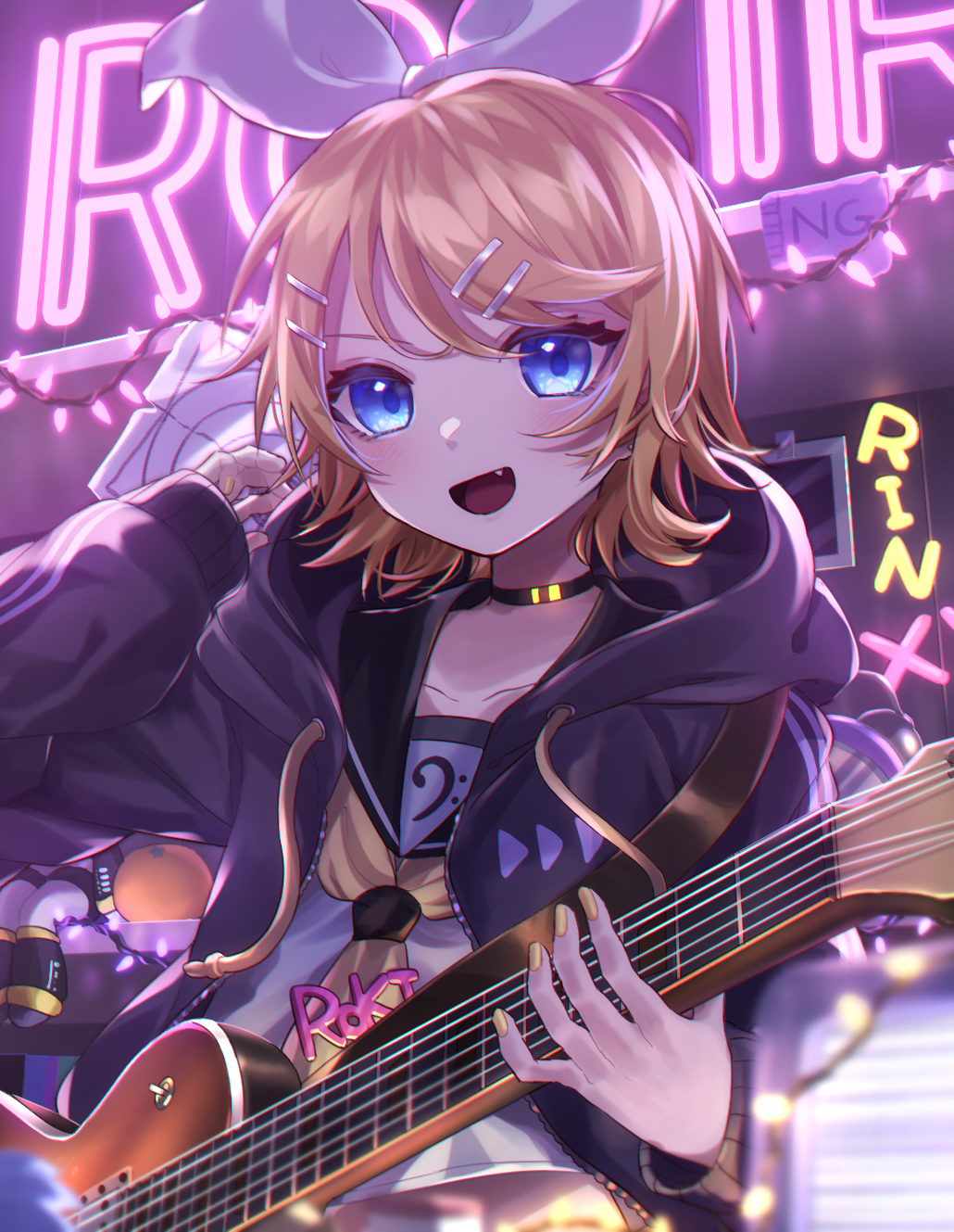 1girl alternate_costume blonde_hair blue_eyes blush bow character_name choker collarbone commentary doll electric_guitar fang food fruit guitar hair_bow hair_ornament hairclip highres hood hoodie instrument kagamine_rin looking_at_viewer nail_polish neckerchief neon_lights open_clothes open_hoodie open_mouth orange roki_(vocaloid) sailor_collar short_hair smile soramame_pikuto string_lights upper_body vocaloid yellow_nails yellow_neckwear