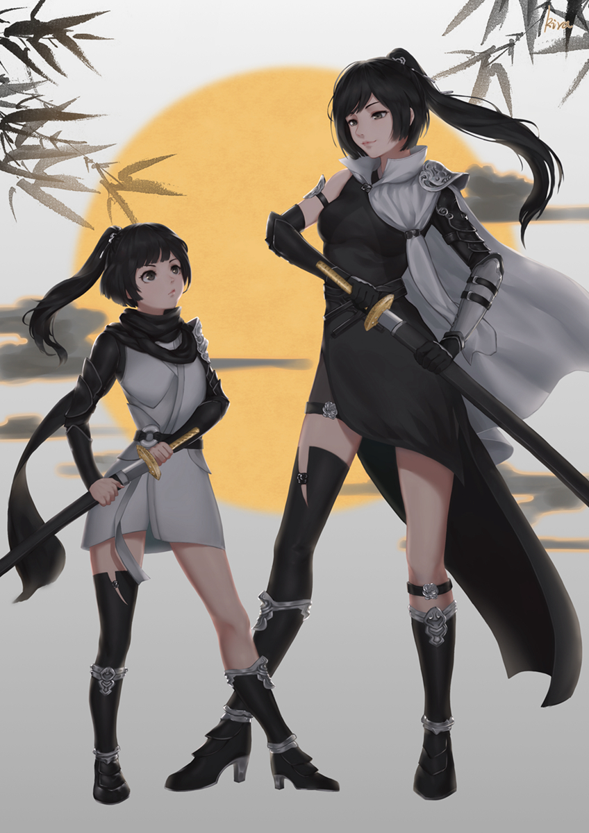 2girls asymmetrical_legwear belt black_belt black_dress black_eyes black_hair black_legwear boots branch closed_mouth dress eye_contact floating_hair height_difference high_heel_boots high_heels highres holding holding_sword holding_weapon jiliang_jiying_yumao long_hair looking_at_another multiple_girls original ponytail sheath single_sock single_thighhigh smile socks sword thigh-highs unsheathing weapon