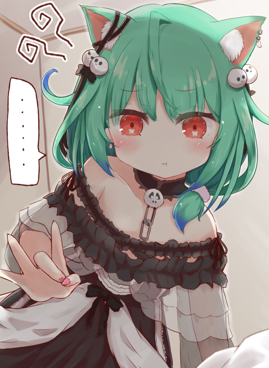 ... 1girl :t animal_ear_fluff animal_ears bangs bare_shoulders black_dress blue_hair blush cat_ears chain closed_mouth commentary_request dress eyebrows_visible_through_hair gradient_hair green_eyes highres hololive indoors long_hair looking_at_viewer multicolored_hair nail_polish off-shoulder_dress off_shoulder pink_nails pout redhead ridy_(ri_sui) solo spoken_ellipsis uruha_rushia virtual_youtuber