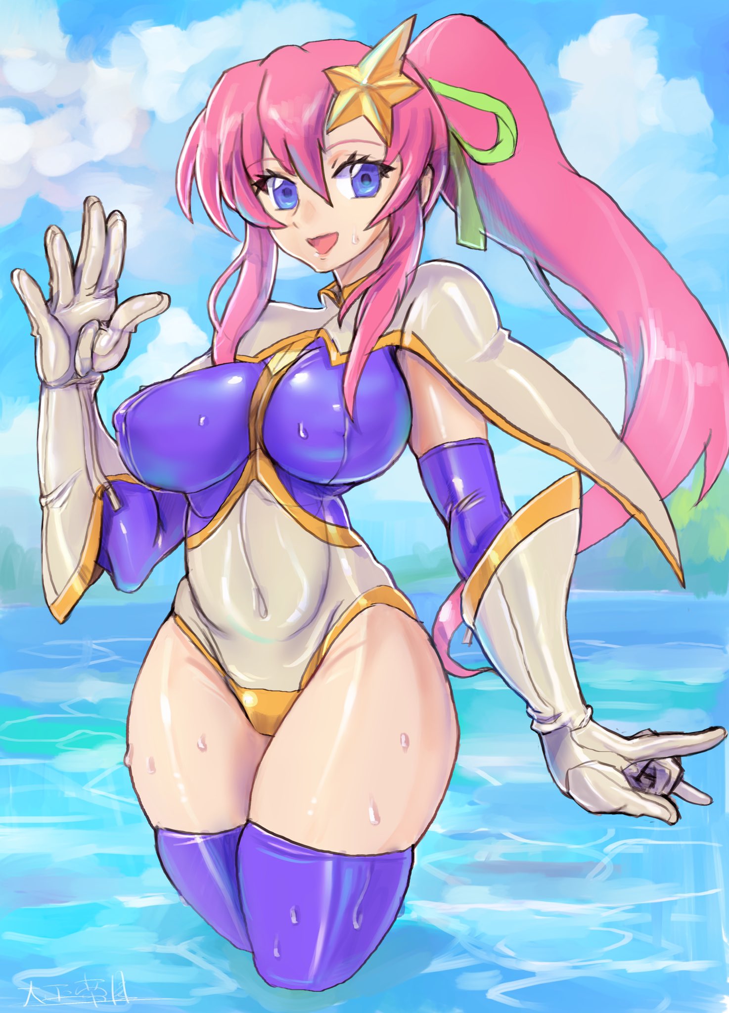 1girl \n/ adapted_costume bangs breasts capelet covered_navel covered_nipples eyebrows_visible_through_hair floating_hair gloves gundam gundam_seed gundam_seed_destiny hair_ornament highres large_breasts long_hair meer_campbell ocean one-piece_swimsuit oomasa_teikoku open_mouth pink_hair ponytail skindentation solo star_(symbol) star_hair_ornament swimsuit thick_thighs thigh-highs thighs water waving wet white_gloves