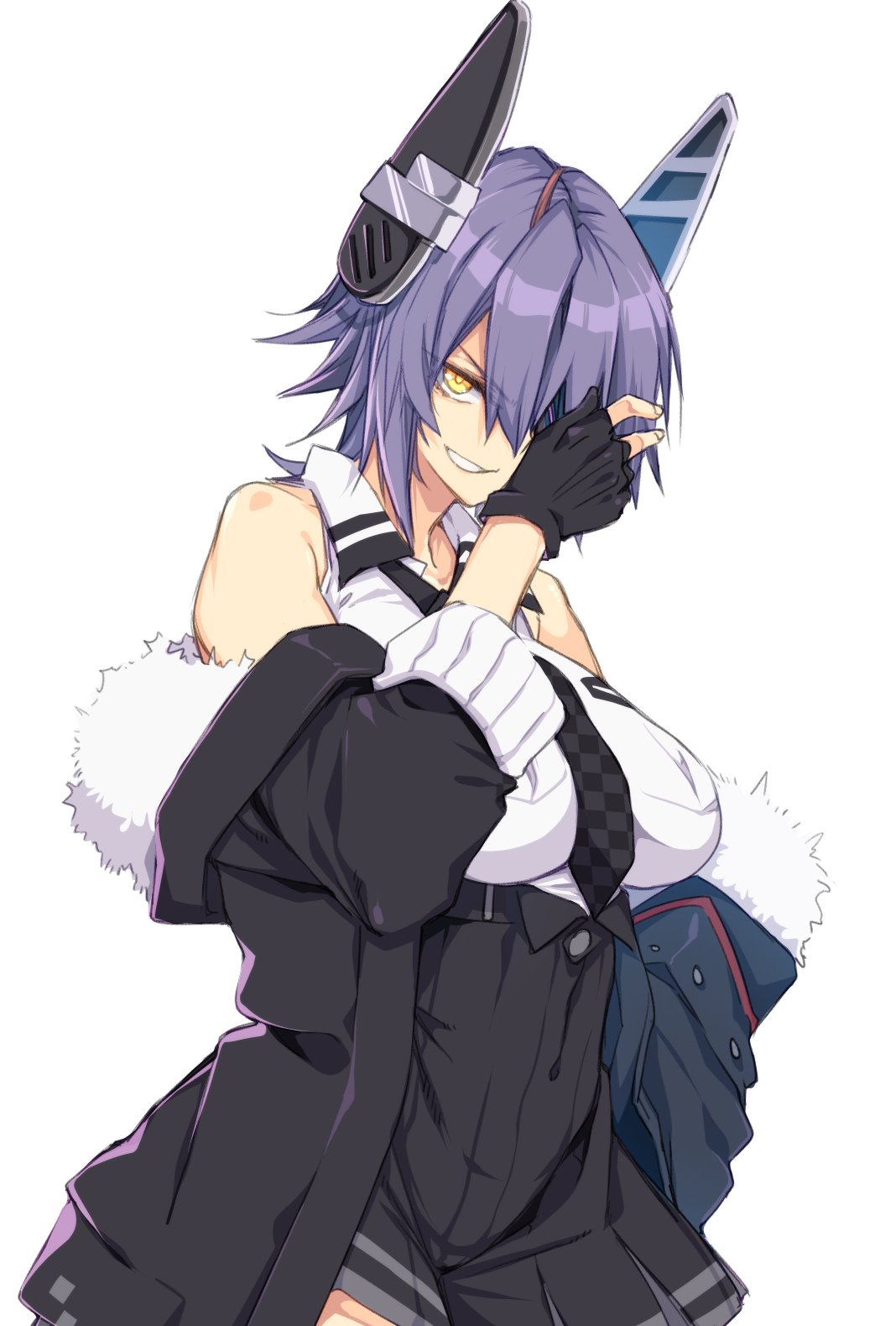 10mo 1girl bare_shoulders black_skirt breast_pocket breasts checkered checkered_neckwear commentary_request cowboy_shot dress_shirt fur-trimmed_jacket fur_trim highres jacket kantai_collection large_breasts necktie pleated_skirt pocket purple_hair remodel_(kantai_collection) shirt short_hair simple_background skirt solo tenryuu_(kancolle) white_background yellow_eyes