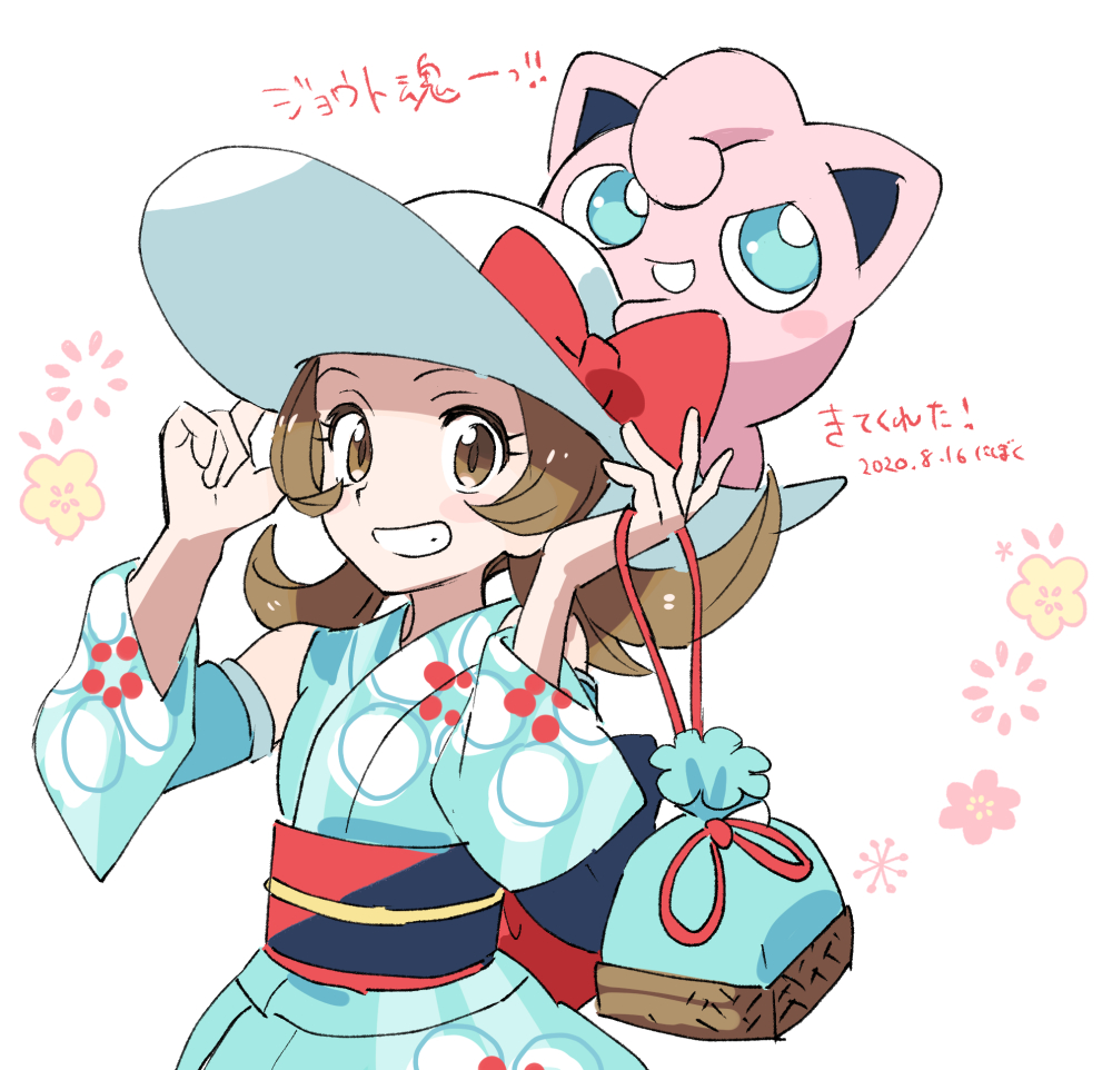 1girl bare_shoulders blush bow brown_eyes brown_hair commentary_request dated eyelashes gen_1_pokemon hands_on_headwear hat hat_bow holding jigglypuff looking_at_viewer lyra_(pokemon) nibo_(att_130) on_head pokemon pokemon_(creature) pokemon_(game) pokemon_masters_ex pokemon_on_head sash sketch smile sun_hat translation_request