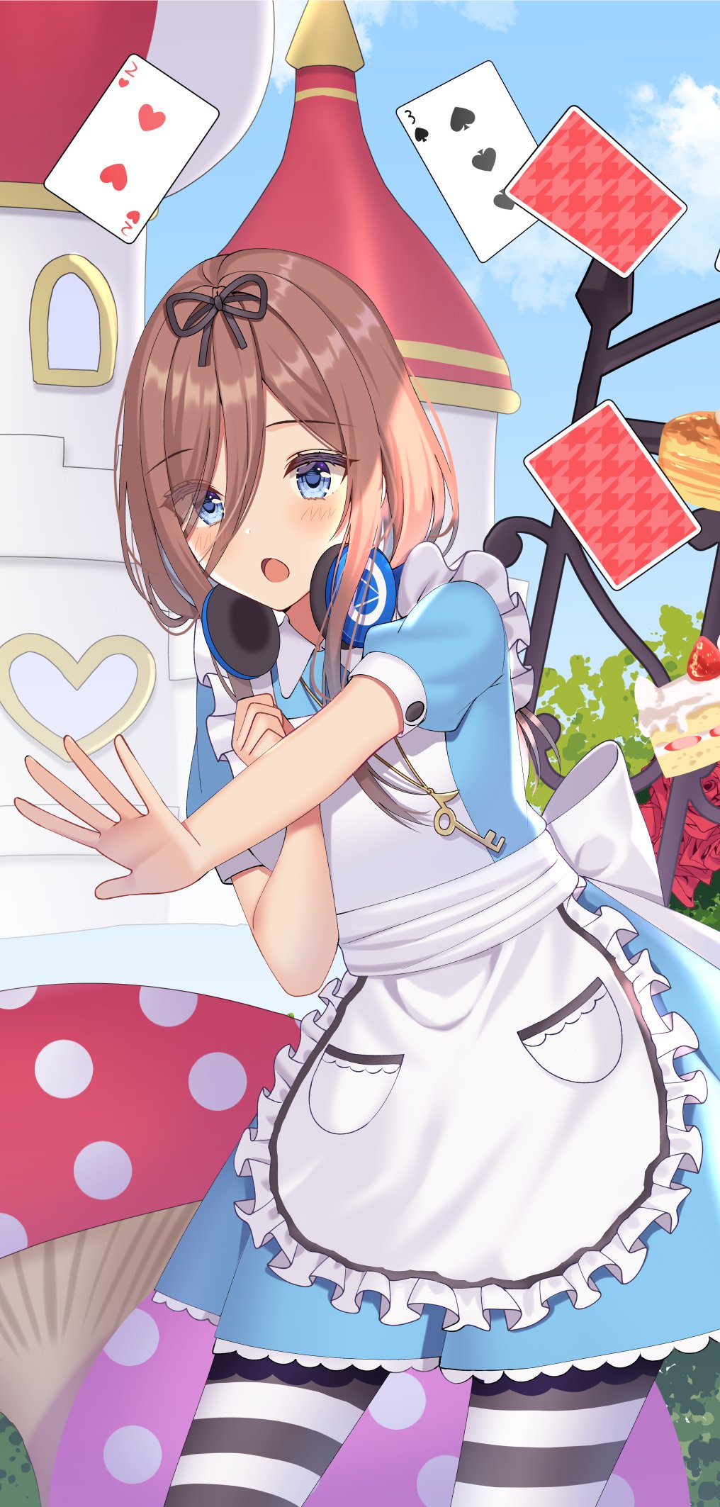 1girl apron back_bow bangs black_ribbon blue_dress blue_eyes blue_sky blush bow brown_hair cake card clouds commentary_request dress eyebrows_visible_through_hair eyes_visible_through_hair floating_card food go-toubun_no_hanayome hair_between_eyes hair_ribbon headphones headphones_around_neck highres horizontal_stripes izumo_neru key key_necklace long_hair looking_at_viewer maid_apron nakano_miku open_mouth outdoors pancake ribbon short_sleeves sky solo stack_of_pancakes standing striped striped_legwear white_apron white_bow