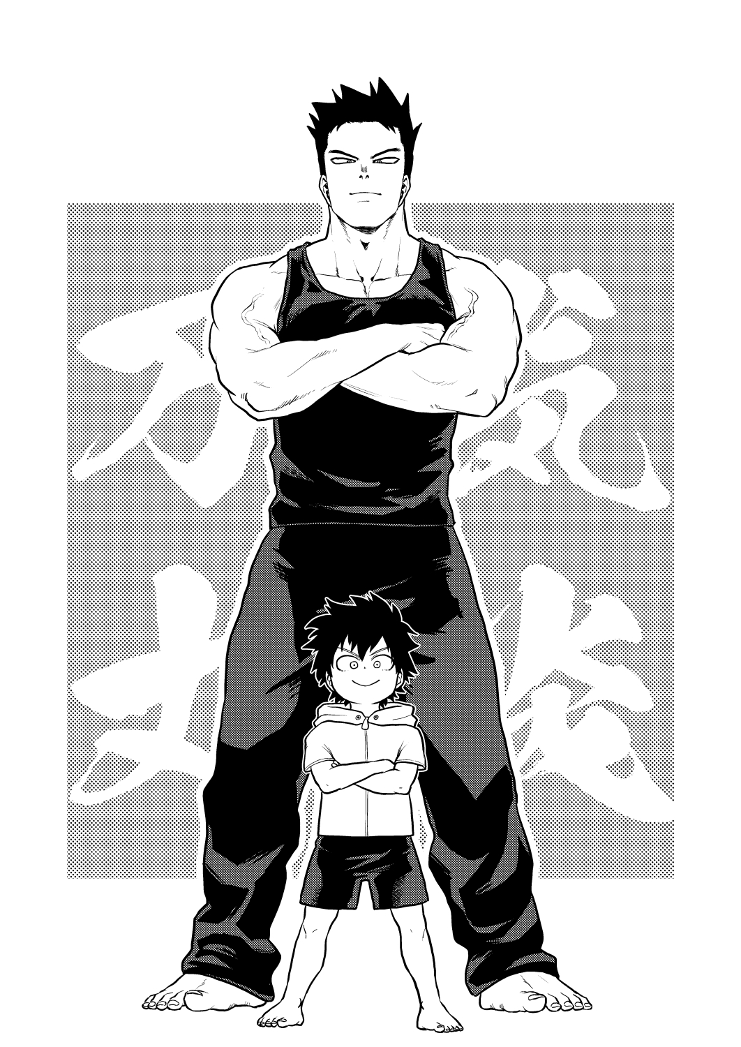2boys bare_arms bare_shoulders black_tank_top boku_no_hero_academia character_request child crossed_arms father_and_son full_body greyscale highres male_cleavage male_focus mature_male monochrome multiple_boys muscular muscular_male pain-lucky777 pectorals scar scar_across_eye short_hair sideburns skin_tight smile spiky_hair standing tank_top todoroki_enji veins younger