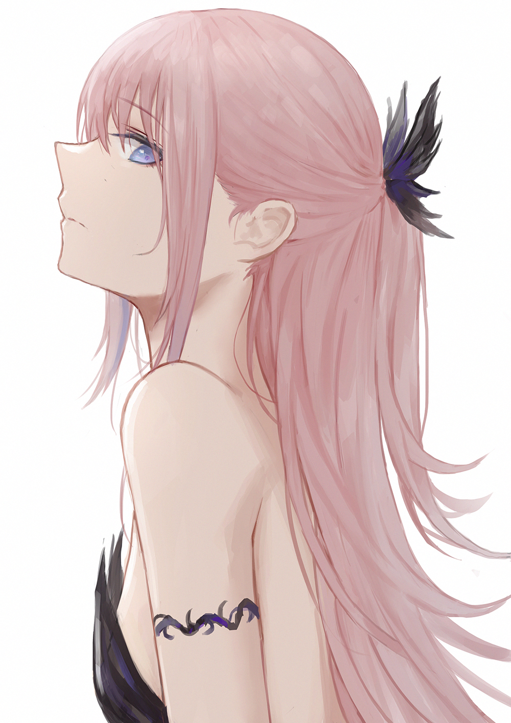 1girl alternate_costume armlet bare_arms bare_back blue_eyes breasts dress eyebrows_visible_through_hair from_side girls_frontline hair_ornament highres long_hair looking_at_viewer pink_hair selcky simple_background sleeveless sleeveless_dress small_breasts solo st_ar-15_(girls_frontline) white_background